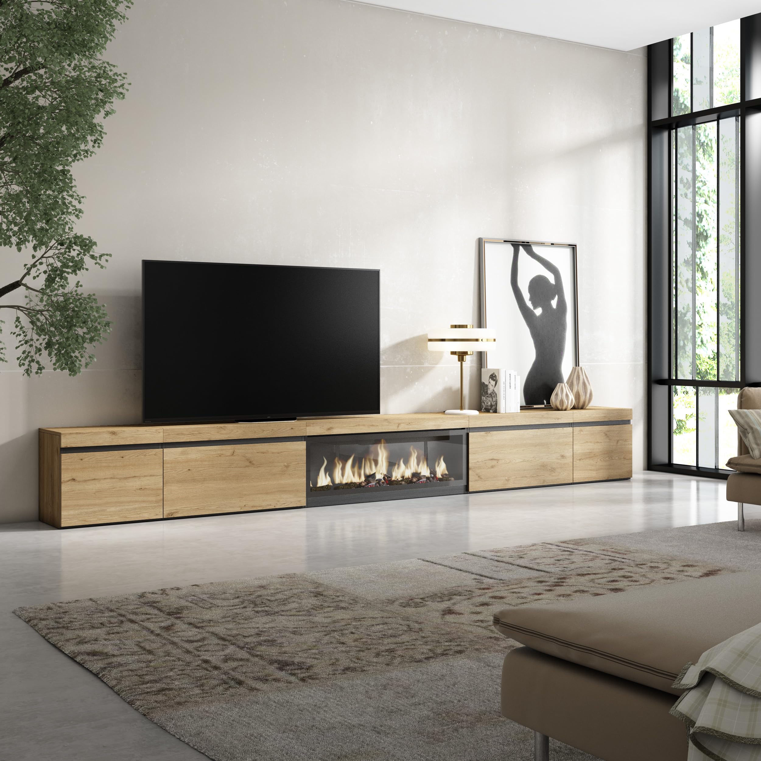 Skraut Home | Mobile TV Soggiorno | Ampio spazio a disposizione | 368x45x35 | Camino elettrico XXL | Stile moderno | Rovere