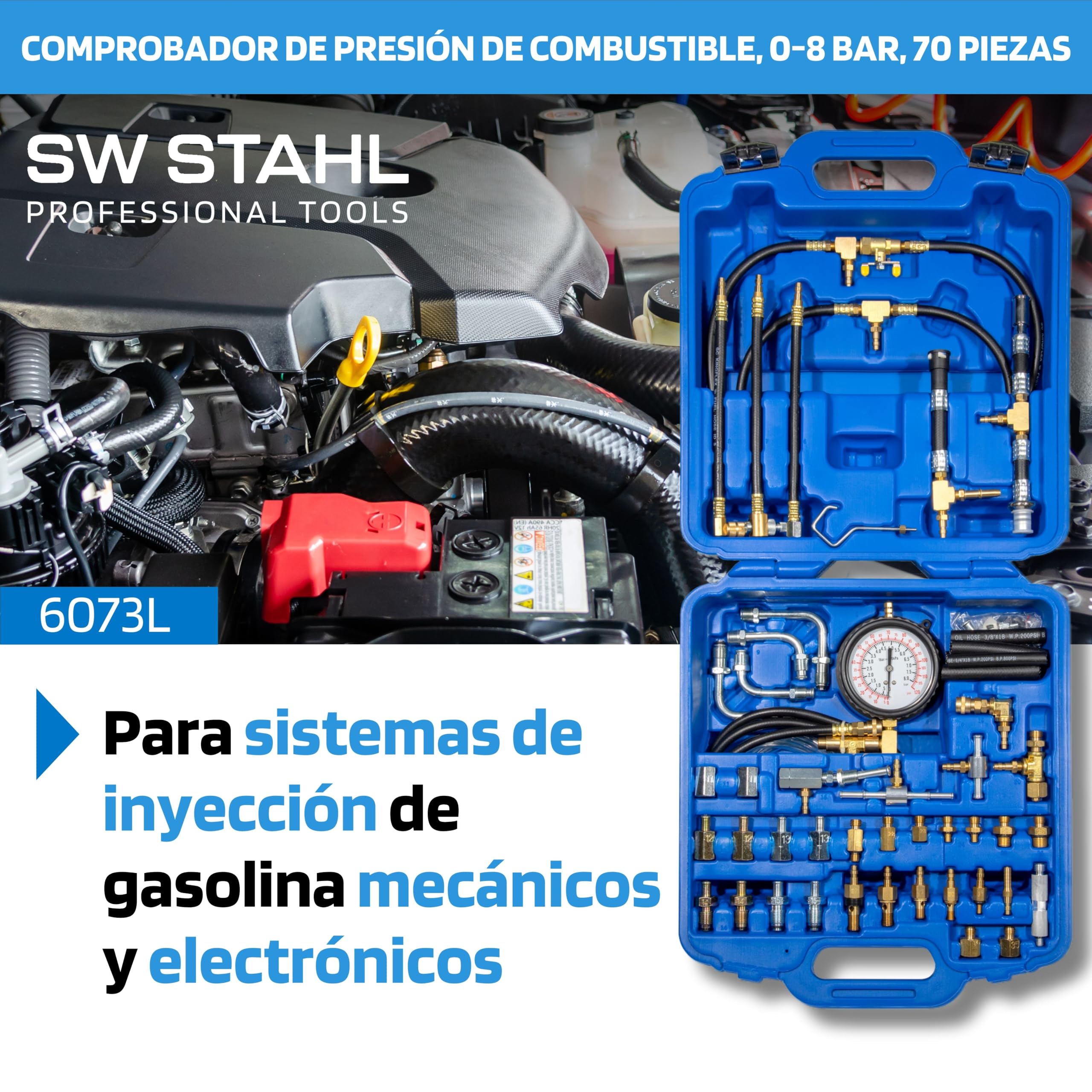 SW-Stahl 26073L Extractor Mecánico - Medidor de Presión para Motores | Equipo de prueba universal para presión de combustible en motorizaciones de gasolina, herramienta de diagnóstico preciso