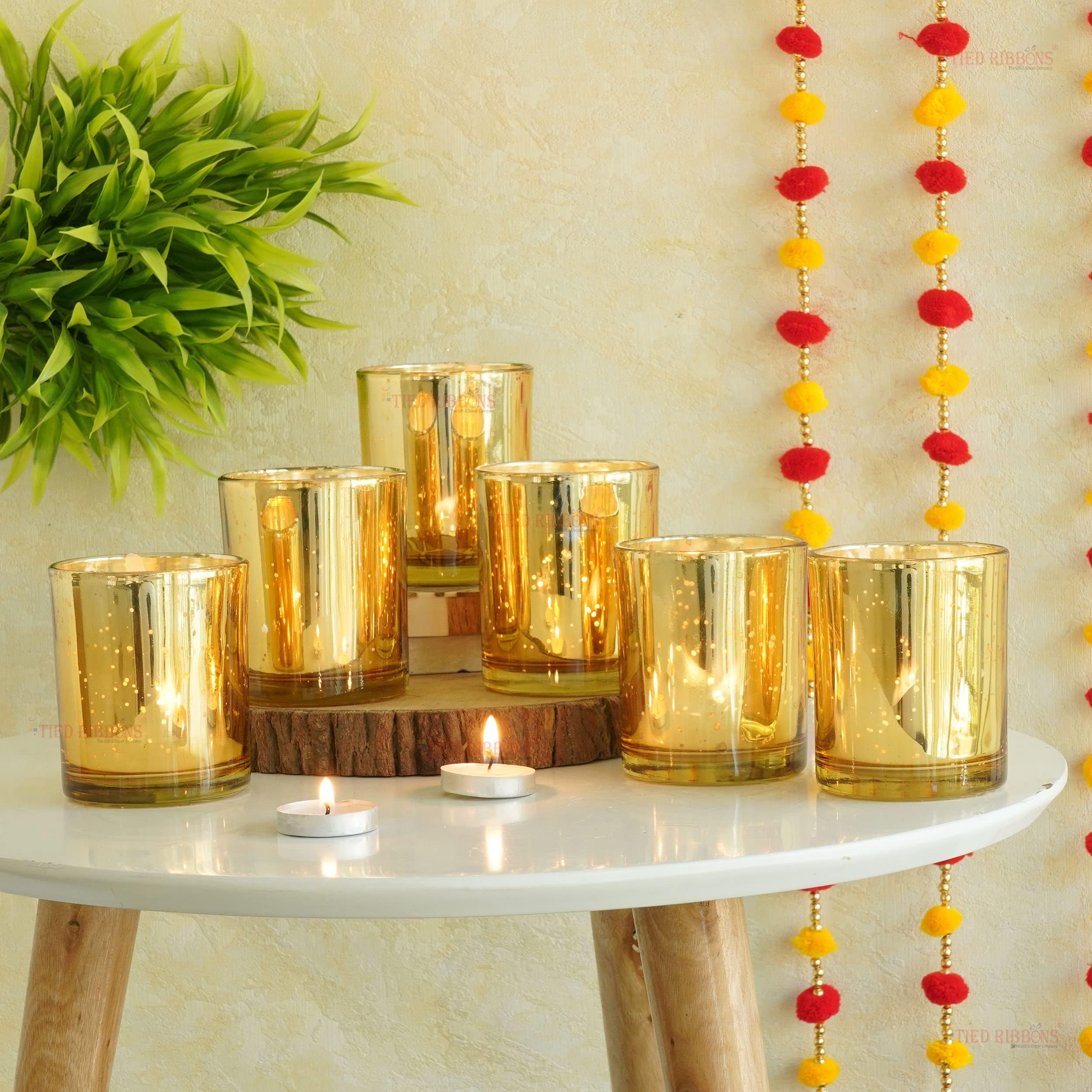 TIED RIBBONS Glass Votive Candle Holders | Speckled Gold, 3 inch | Tealight Candle Holders Set of 6 | Mercury Candle Holder for Wedding Decor, Valentines Day Decorations, Party, Centerpiece Decoration