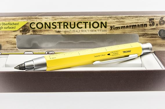 TROIKA ZIMMERMANN 5,6 PEN56/YE Carpenter's pencil clutch pencil (5.6 mm HB lead) centimetre/inch ruler 1:20 m/1:50 m scale brass laquered yellow TROIKA-original