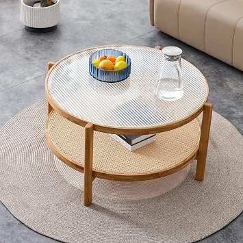 Natural Wood Round Coffee Table, 31.5" Mid Century Modern Rattan Coffee Table w/Glass Top & Storage Shelf, 2-Tier Circle Coffee Table Funky Side Center Table for Living Room Apartment Farmhouse