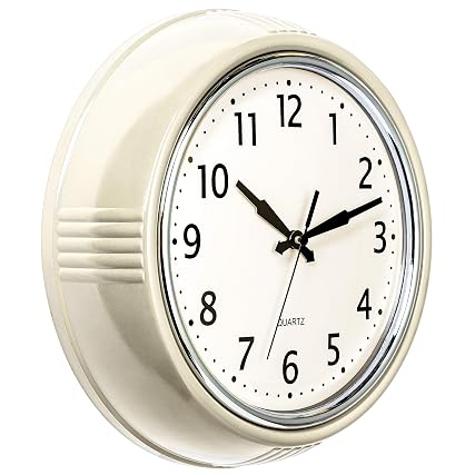 Bernhard Products Retro Wall Clock 9 . 5 Inch Cream Kitchen 50 's Vintage Design Round Silent Non