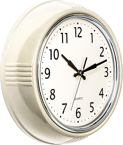 Bernhard Products Reloj de pared retro de 12 pulgadas, color crema, diseño vintage de los años 50, redondo, silencioso, sin tictac, reloj de cuarzo