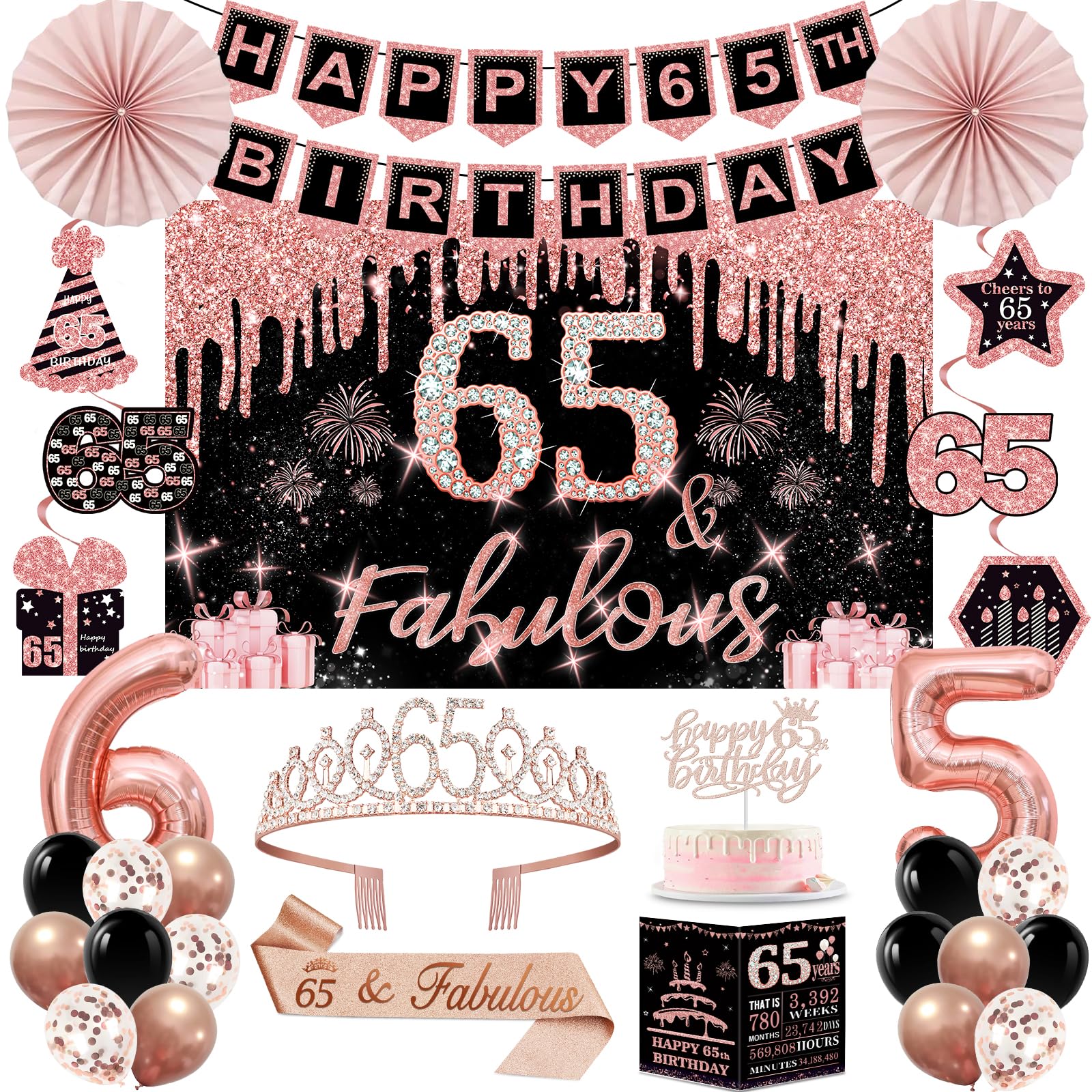 65th Birthday Decorations for Women,32pcs 65th Birthday Party Decorations,Including Backdrop, Crown, Sash, Banner, Hanging Swirl,Cake Topper,Balloons,Anniversary Card,Paper Fans