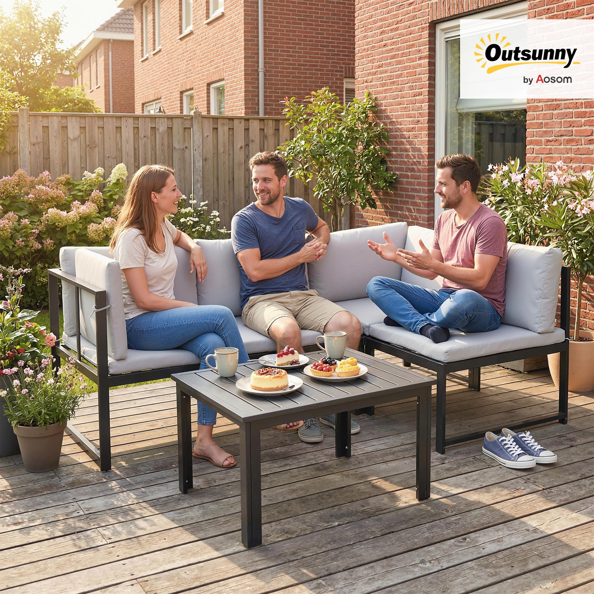 Outsunny Salon de Jardin 3 Pièces Canapé d'angle Extérieur Modulable Gris