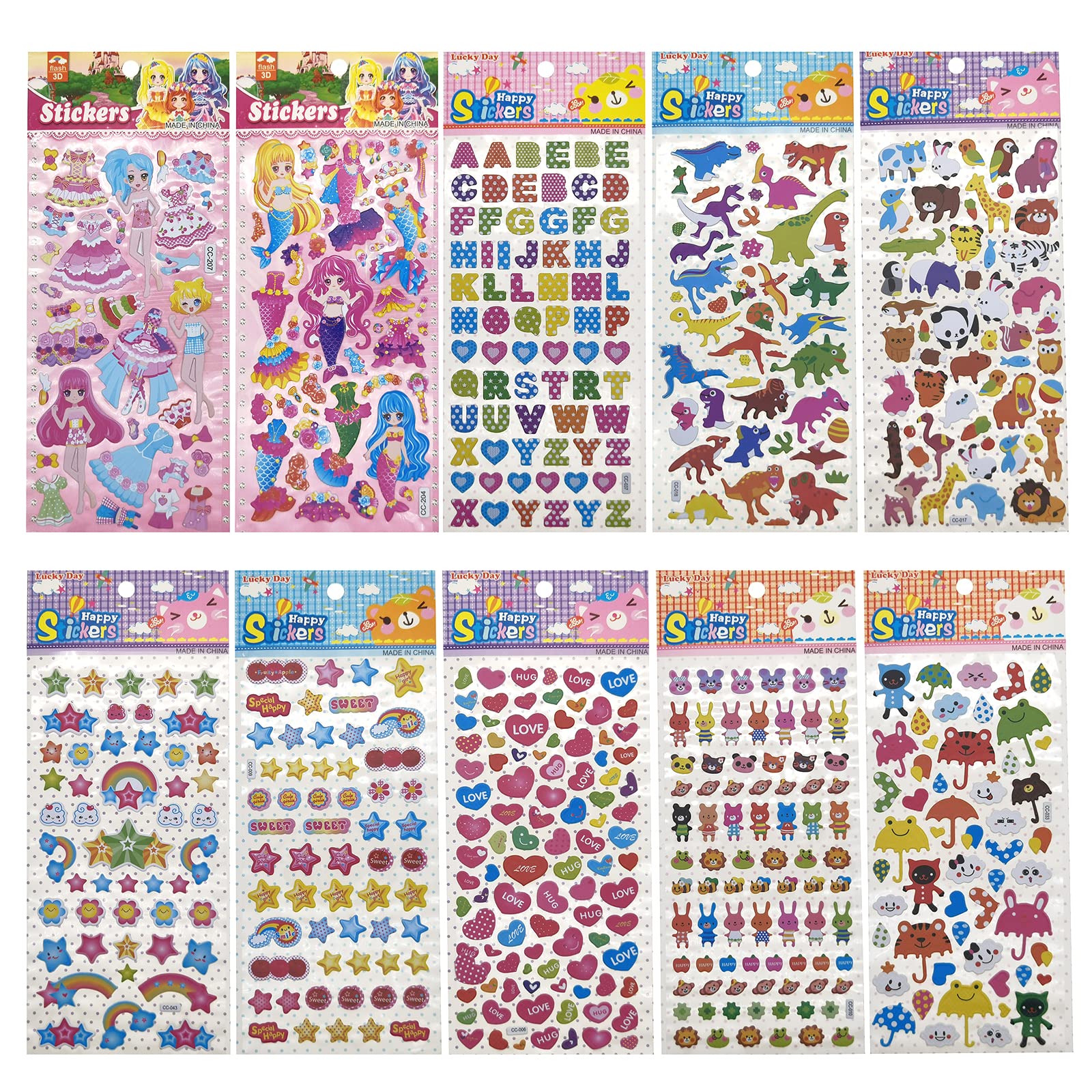 Pegatinas para Niños,10 Hojas Pegatinas Infantiles 3D Puffy Stickers Aplicable Gratificantes Regalos Scrapbooking,Incluido Animales Dinosaurio Paraguas Estrella Sirena Princesa Corazón Letras