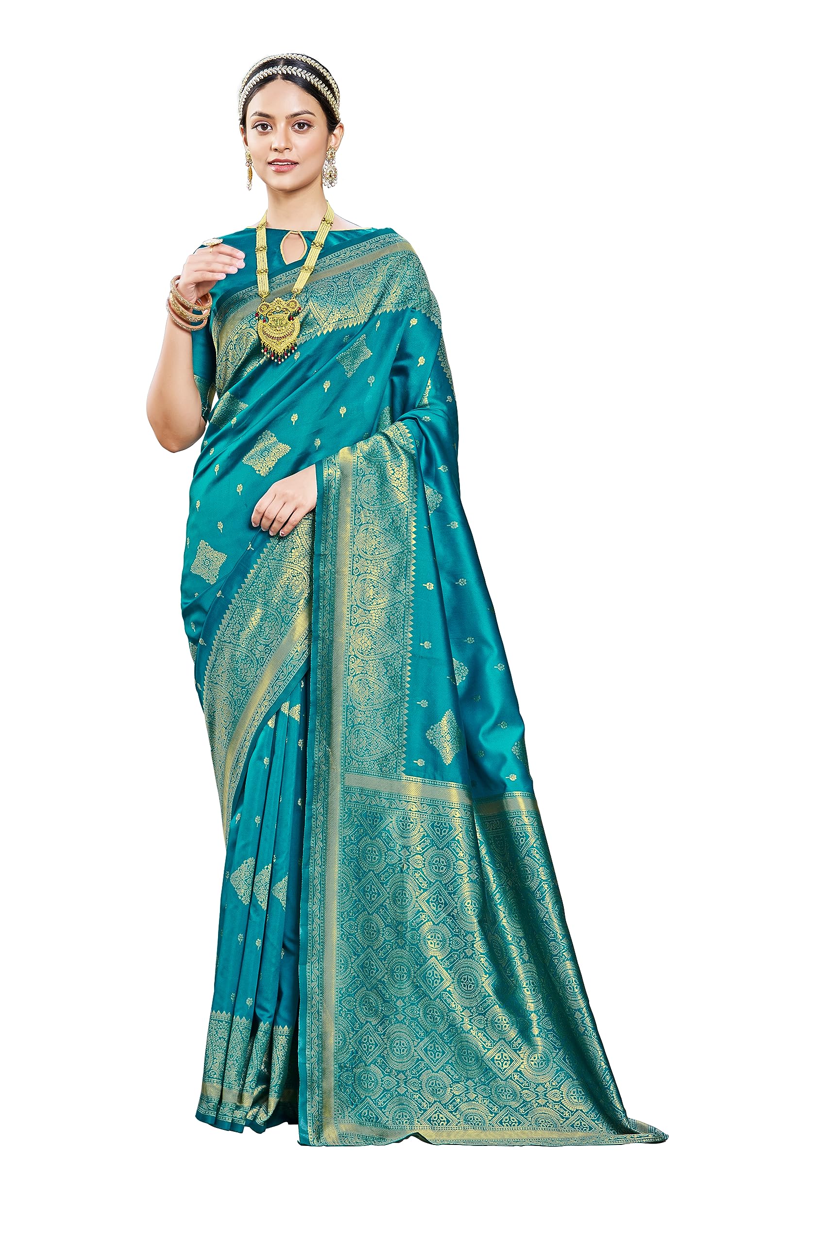 Glory Sarees Womens Banarasi Silk Saree With Blouse Piece (Kalamkari105_Firozi)