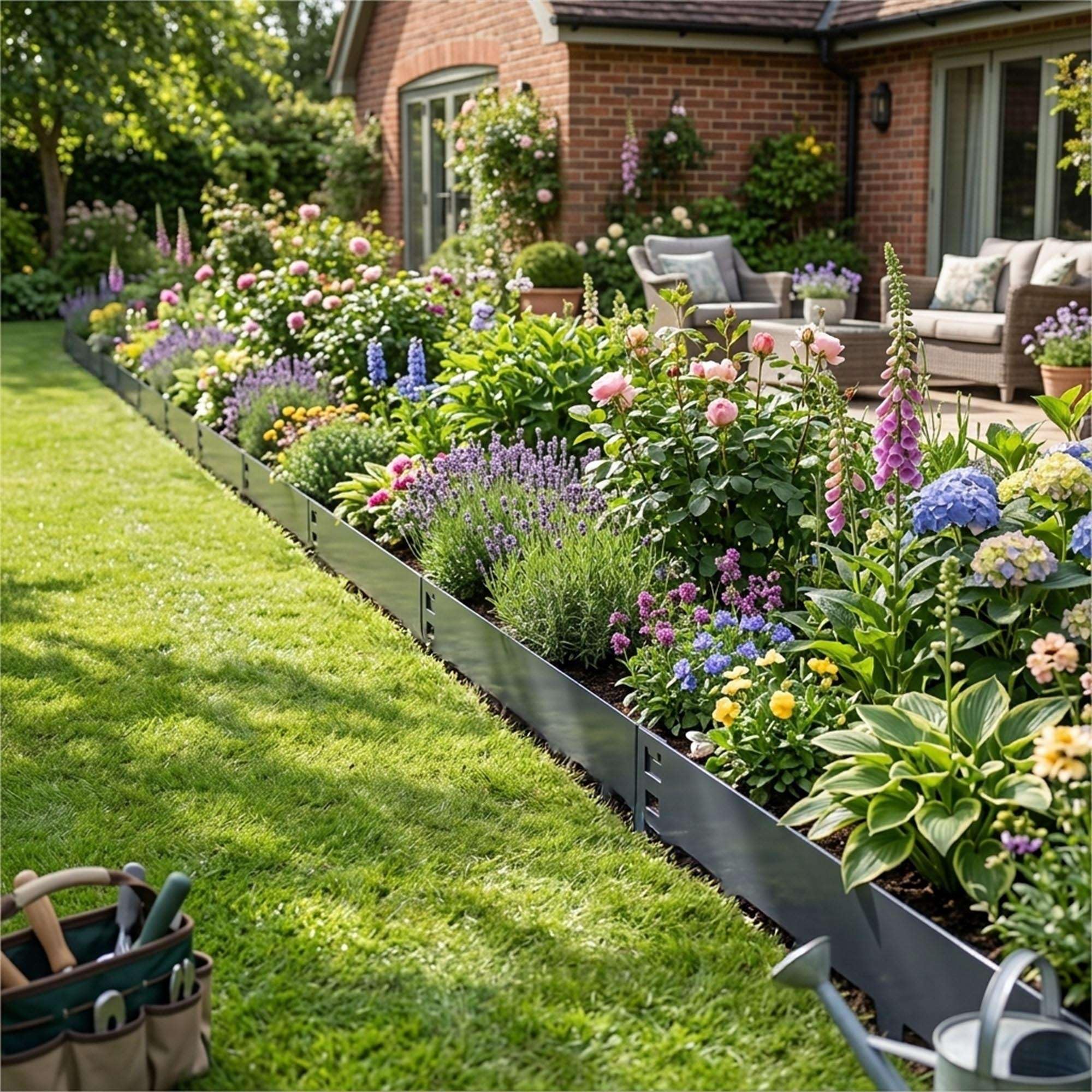 Nicoman 10M Anthracite Lawn Edging Border,Pre-Rusted Galvanised Steel Garden Border Edging, Easy to install Flexible Grass Landscaping Pathway Edge Strip (Anthracite, 200mm-10pc)