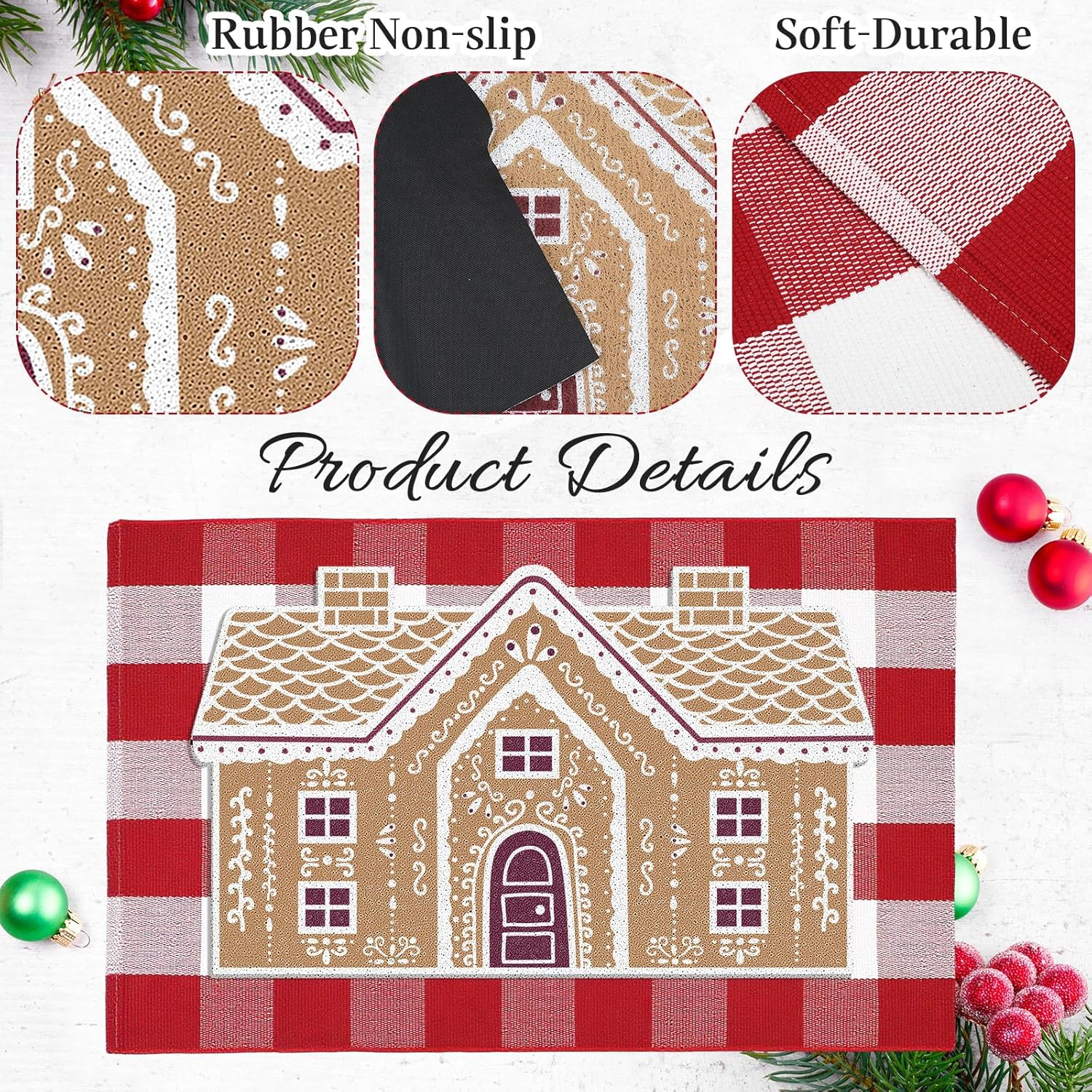 FuWeave 2 Pcs Christmas Doormats with Outdoor Rug Gingerbread Door Mat Combo Set 100% Coir Welcome Mat and 27.5"x 43" Buffalo Plaid Layering Rug for Xmas Holiday Christmas Outdoor Front Porch Decor