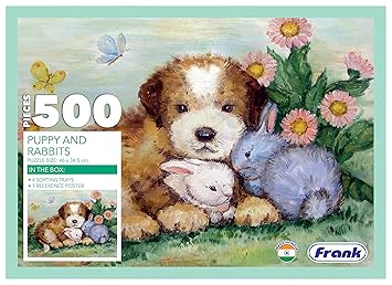 Frank Puppy and Rabbits 500 Piece Jigsaw Puzzle for Adults & Kids Above 10 Years | Realistic Illustrations - Fun and Challenging Puzzle Games for Focus, Memory and Stress Relief, Gifts for Teenagers - image, photos