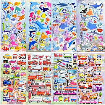 265 PCS 3D Sponge Puffy Stickers for Kids 8 Fun Themes with Ocean Animals & Vehicles, Waterproof Stickers for Toddler Crafts, Scrapbooks, Reward Charts & Classroom Activities