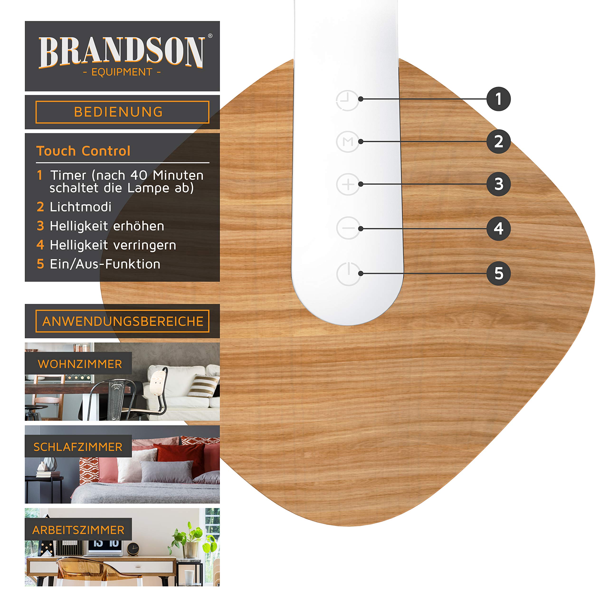 Brandson - LED Schreibtischlampe Holz - Dimmbare Tischleuchte mit 5 Helligkeitsstufen – 3 Lichttemperaturen - Augenschonend – 450 Lumen - Sensor Touch – Büro Lesen Studieren - Weiß