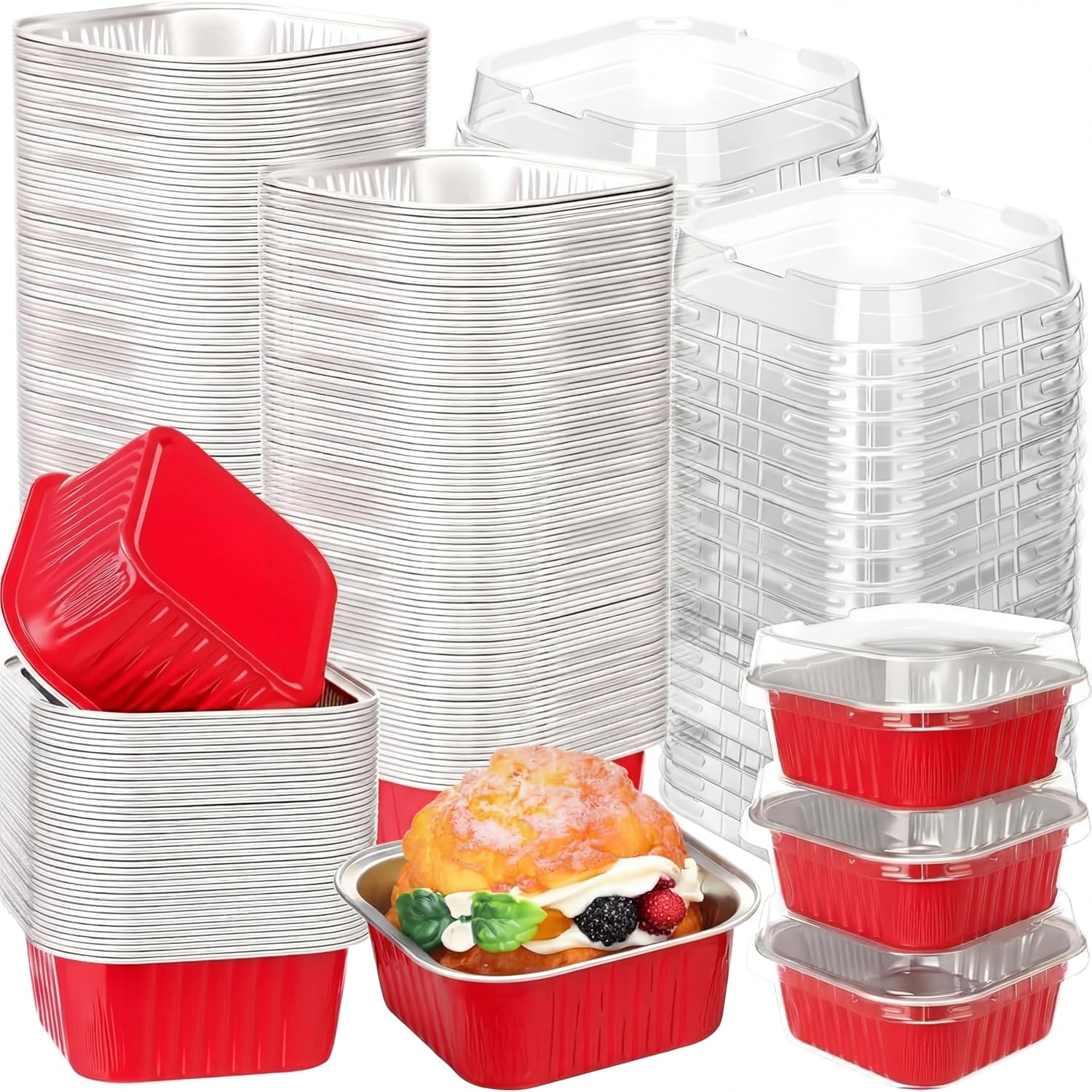 200 Pack 5 oz Mini Cake Pans with Lid, Aluminum Foil Mini Baking Tins, Square Disposable Cupcake Baking Cup Dessert Container for Wedding Birthday Party Picnic(Pink,Classic)