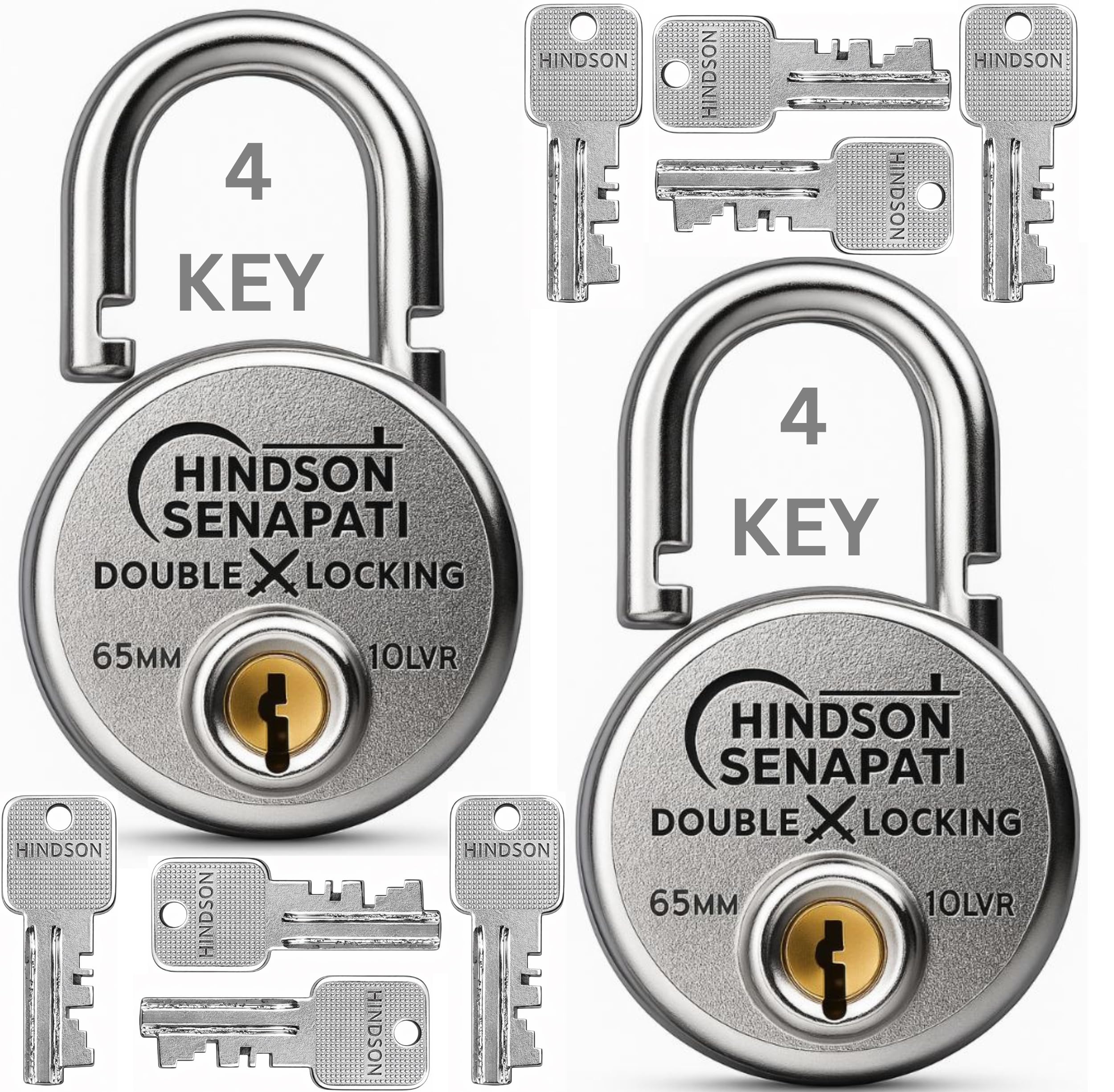 HINDSON Senapati 65mm Pack of 2 Double Locking Padlock with 10 Lever Security and 4 Keys, Heavy Duty Lock and Key for Home, Door, Gate and Outdoor Use