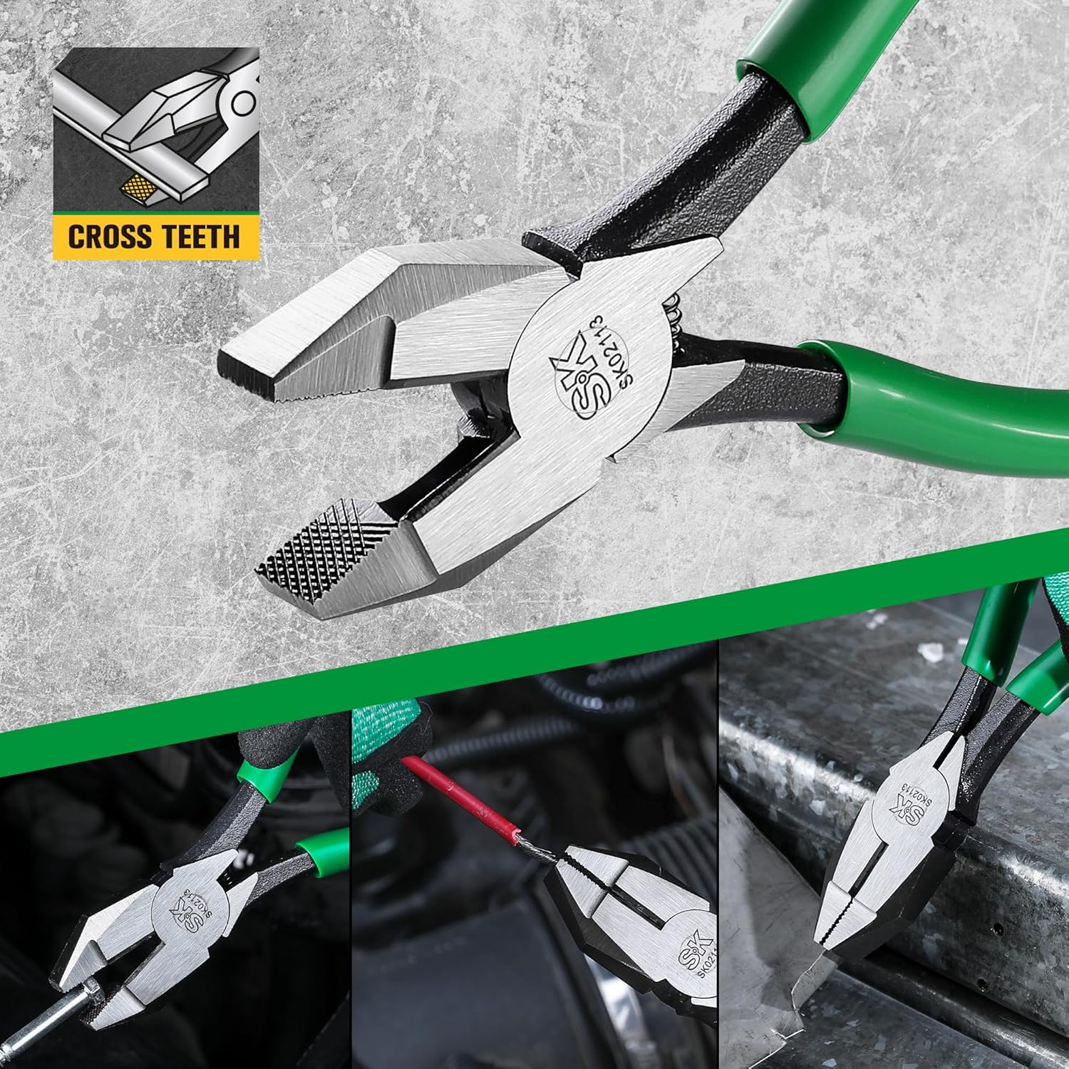 SK 9" Ironworker's Pliers, Wire Cutters With Heavy Duty Knurled Jaws, Spring Loaded Side Cutters, Premium CR-V Steel Construction, Linesman Pliers With Hook Bend Handle