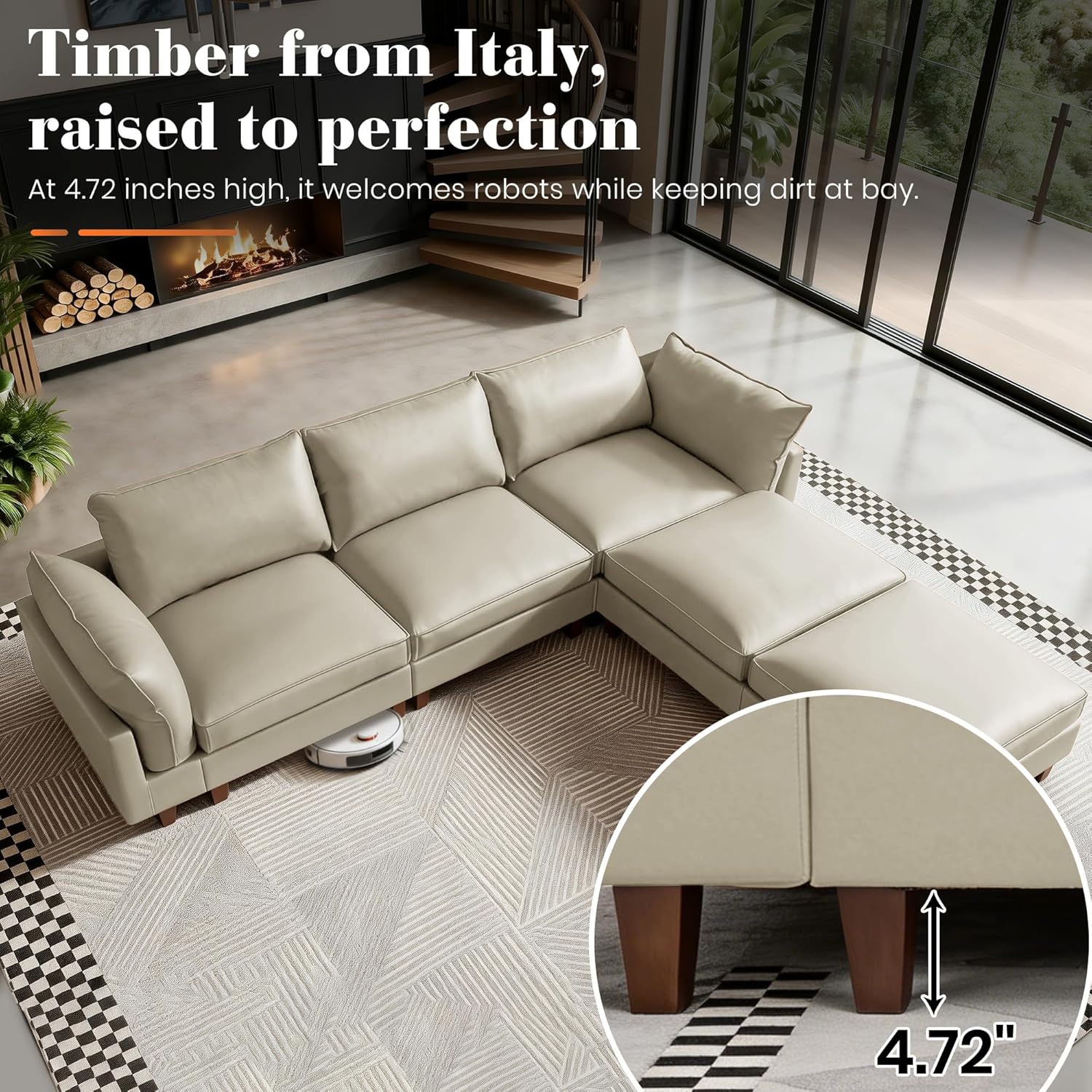 Modular Leather Sectional Couch Oversized Modular Sectional Sofa for Living Room, Scratch Resistant with Down-Filled Back Cushions Removable Washable Covers(2+1+1 Seats Beige)