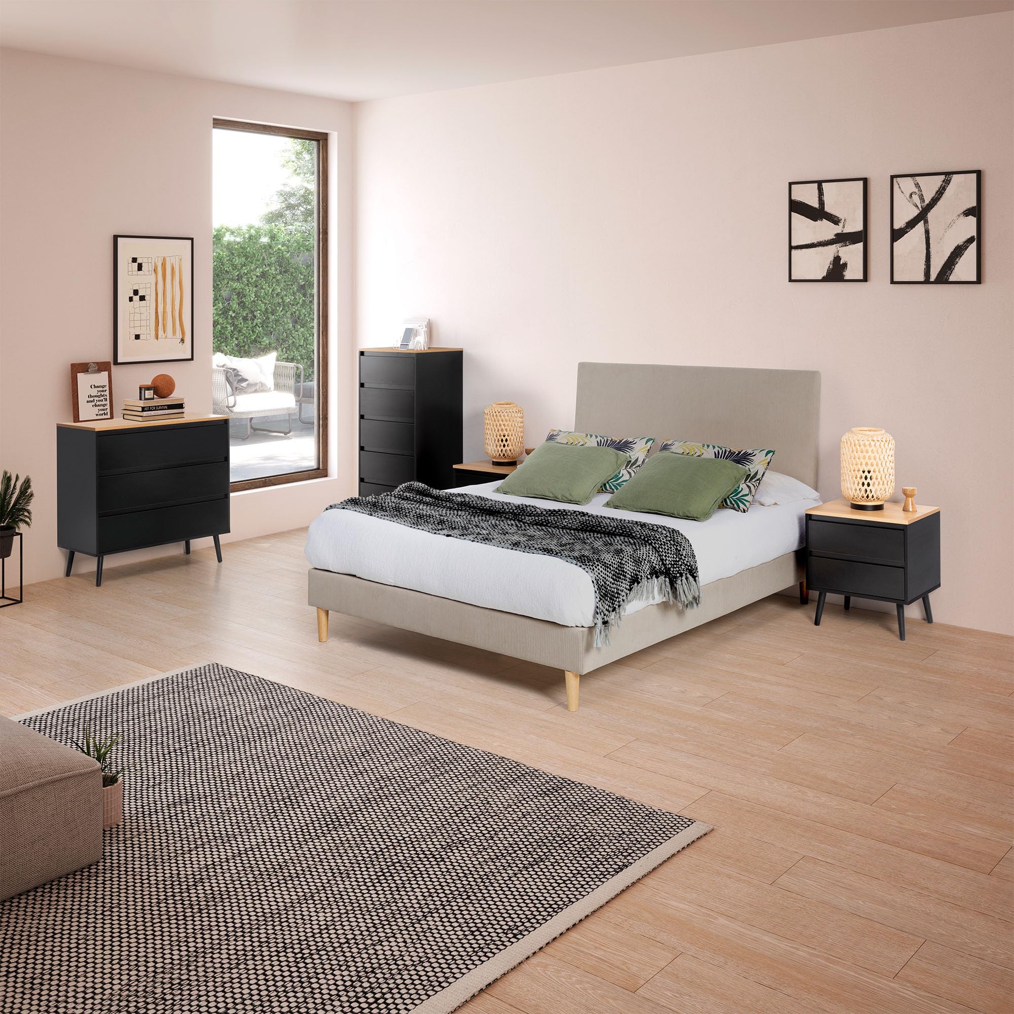 HOMN LIVING Mesita de Noche Desi 2 cajones Color Negro, 45 cm (Ancho) 40 cm (Profundo) 50 cm (Altura)