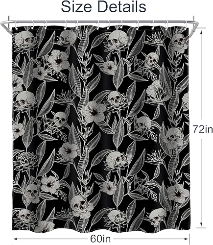 Miniatura 6 de AMBZEK Cortina de ducha con diseño floral de calavera gótica, 60 pulgadas de ancho x 72 pulgadas de largo, para hombre, esqueleto gótico,