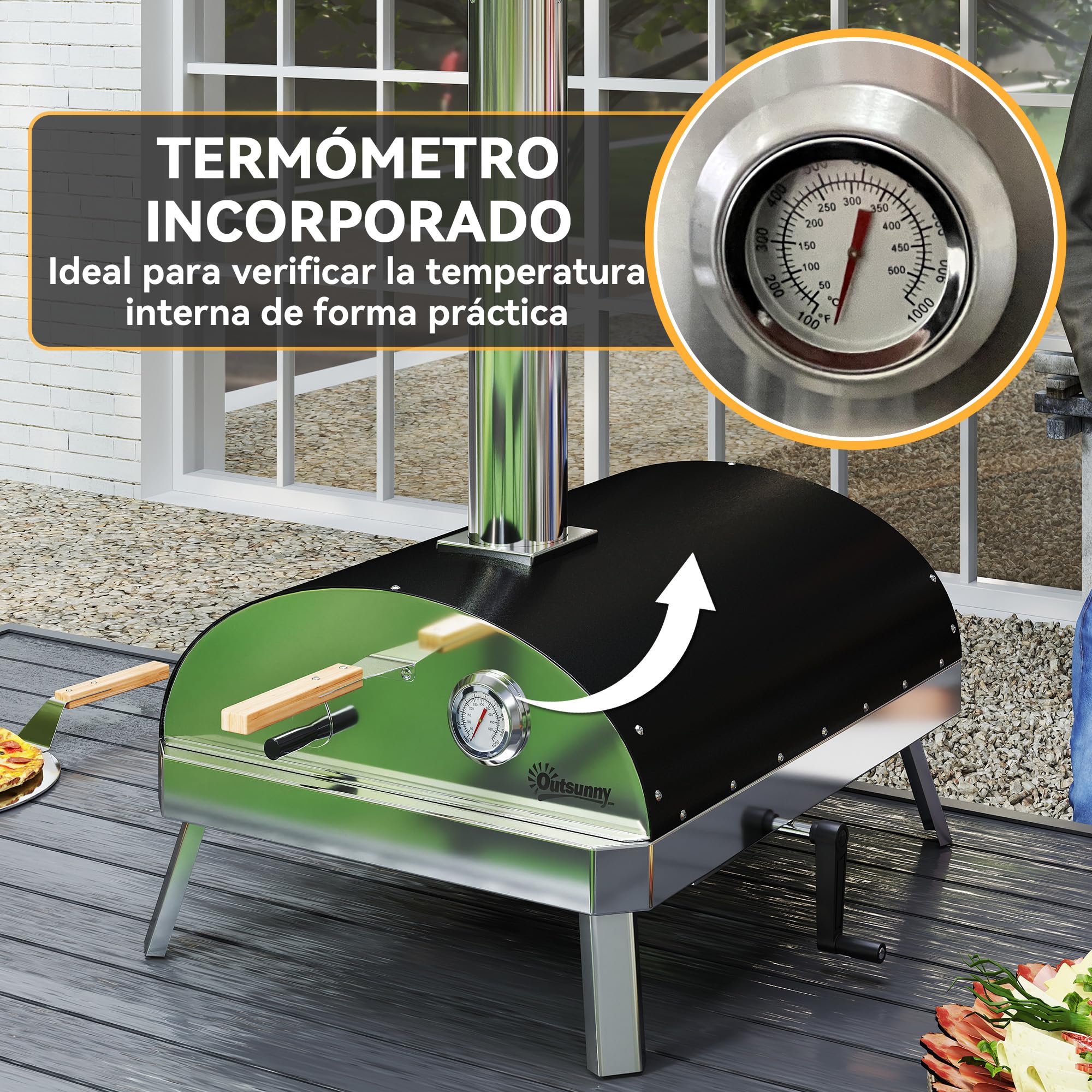 Outsunny Mini four à pizza extérieur portable avec pierre réfractaire Ø33 cm, manches en bois, thermomètre, plateau rotatif