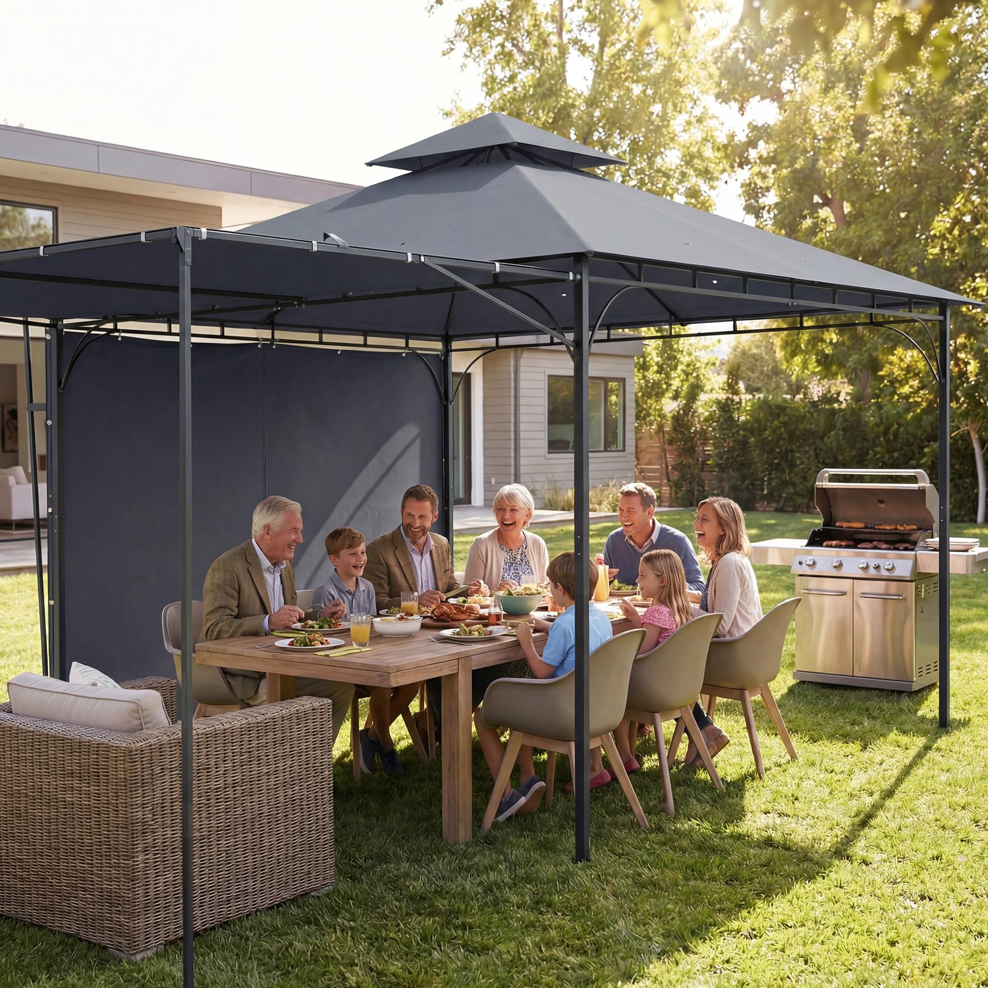 Outsunny Gazebo da Giardino 3.2x3.2 m con Tetto Estensibile, Gazebo da Esterno con Doppio Tetto Ventilato, Fori di Drenaggio in Metallo, per Giardino Balcone Feste Patio, UV30+, Grigio Scuro