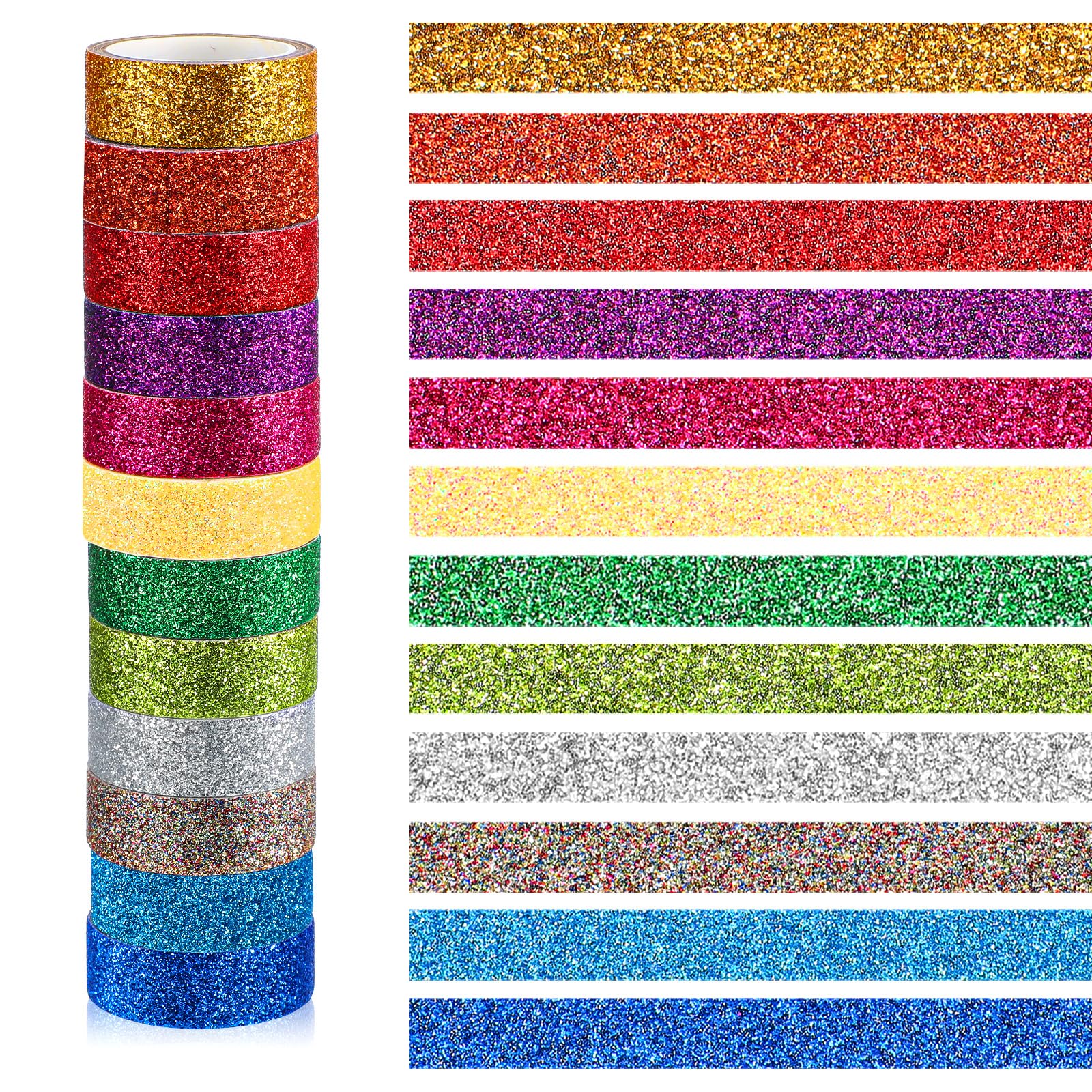 15mm Glitter Tape 12 Rolls Glitter Washi Tape Set, Colored Masking Tapes for Scrapbook Metallic Decorative Craft Tapes WashiTape Set Decorative Colored Washis CraftTape for Journal DIY Craft Decor