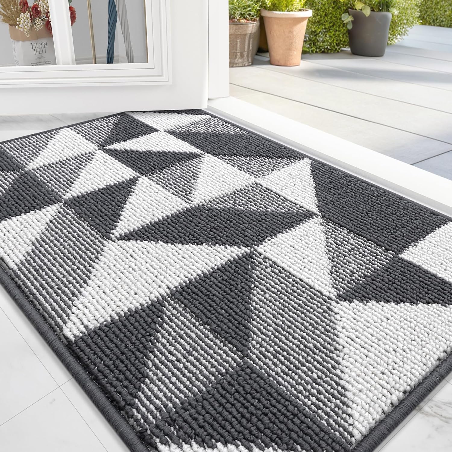 olanly door mat indoor entrance washable 32x20, odor-free low-profile front back geometric doormat, absorbent resist dirt entry carpet, easy to clean sturdy inside floor mats for entryway, dark grey 32" x 20" dark grey