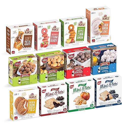 Katz Gluten Free Paquete variado de aperitivos. Rollos de canela fresca, nuggets de pretzel suaves, pasteles de frutas, pasteles de crema, donas