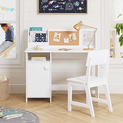Miniatura 6 de UTEX Escritorio de estudio para niños con silla, juegos de escritorio y sillas con gabinete para 3-8, mesa de estudio para niños de madera, mesa de