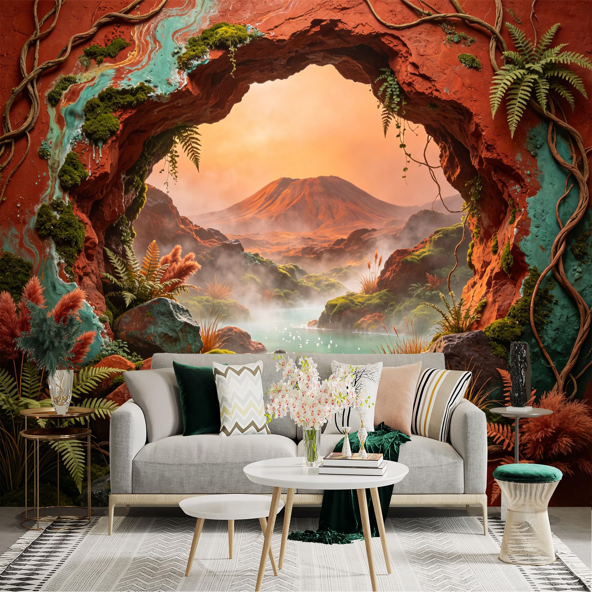 Custom Size Wall Sticker Mural， Fantasy Landscape with Volcano， Misty Lake and Red Rocks， for wall Decoration， peelandstick wall Decals.