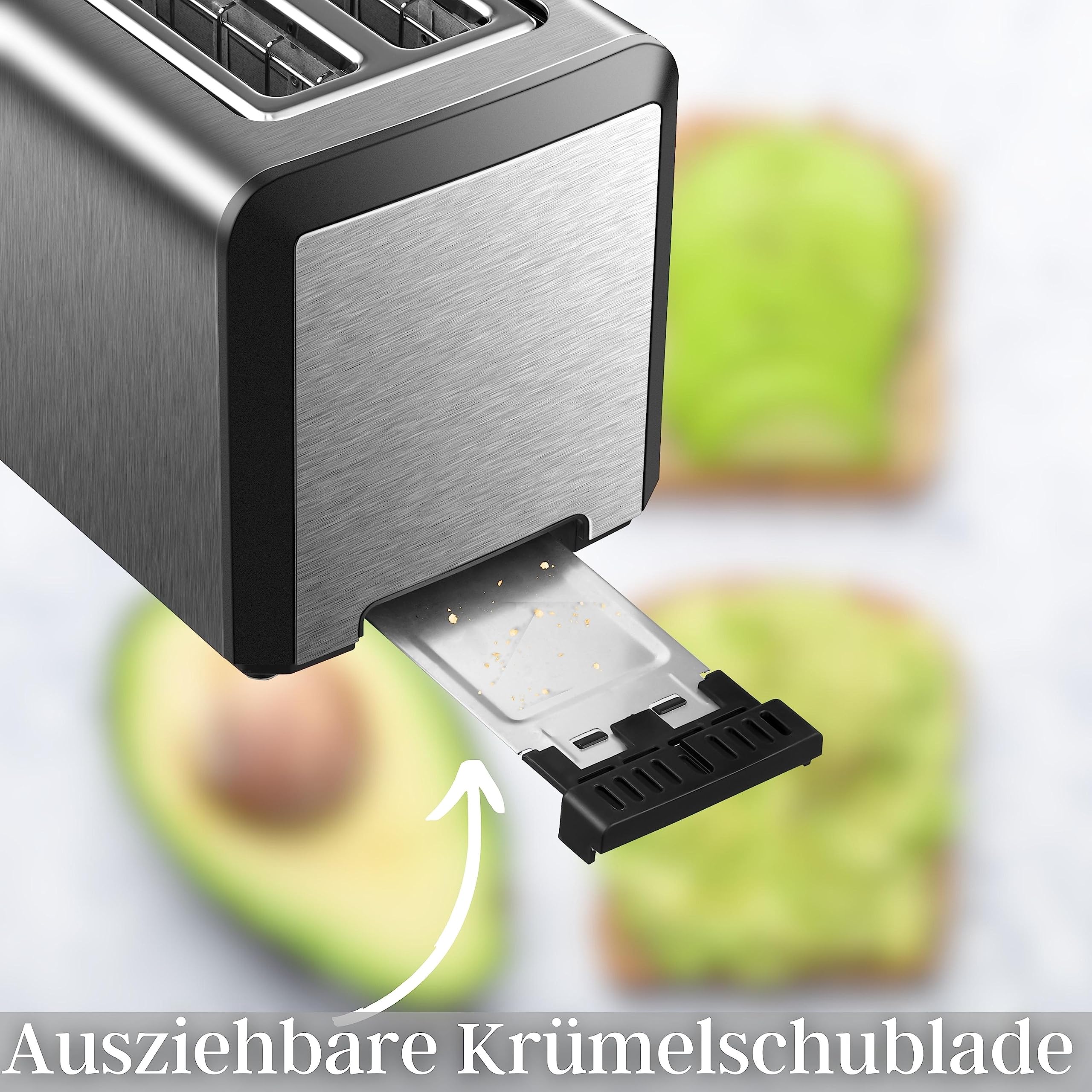 Grille-pain à longue ouverture 4 tranches XXL 1500 W 6 niveaux pour sandwich fonction dégivrage tiroir ramasse-miettes en acier inoxydable double trou avec affichage LED