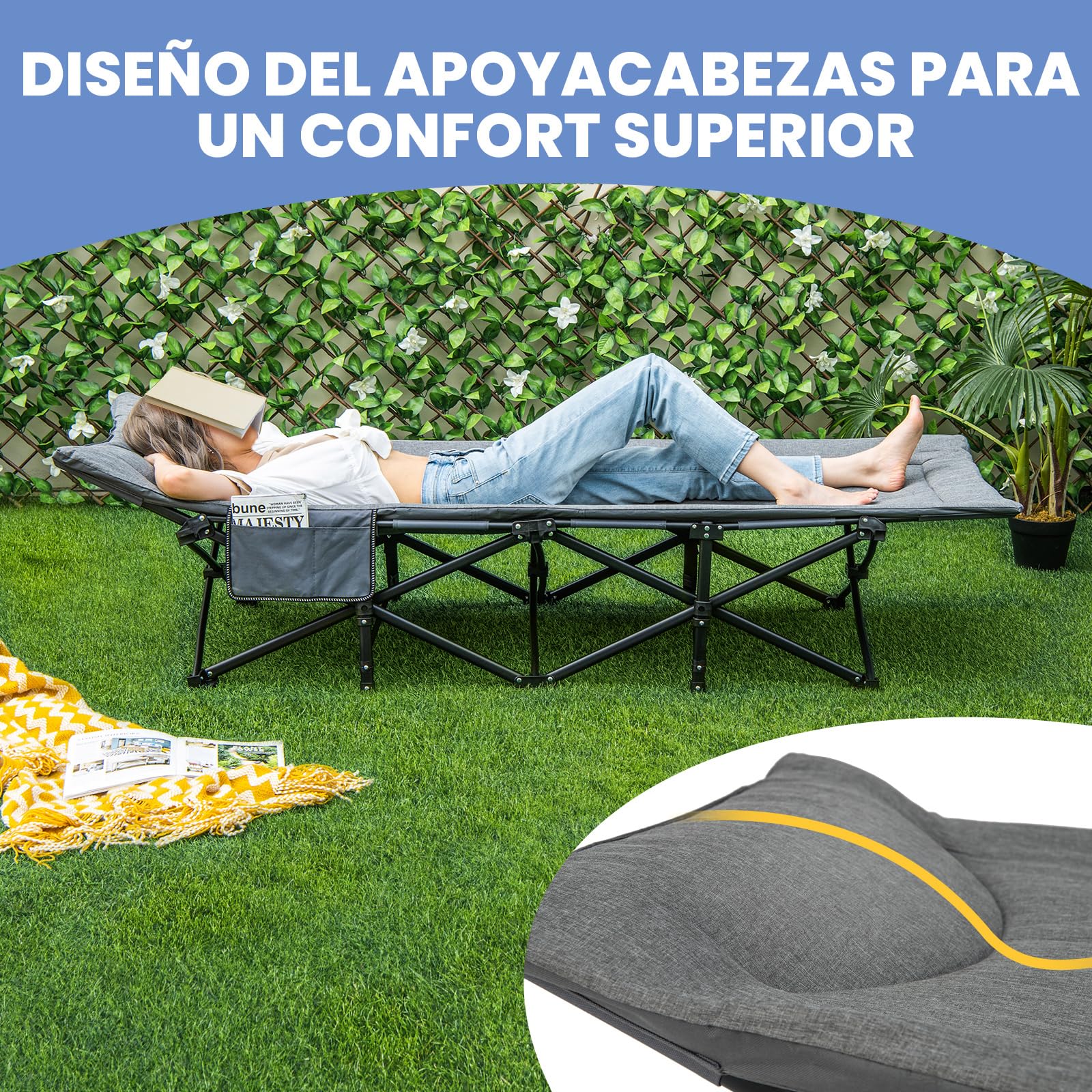 COSTWAY Cama Plegable Camping, Cama Camping con Cojín Cómodo, Reposacabezas y Bolsillo Lateral, Catre Plegable Camping, Bolsa de Transporte, Peso Neto 6,8kg, 190 x 68,5 x 48,5 cm