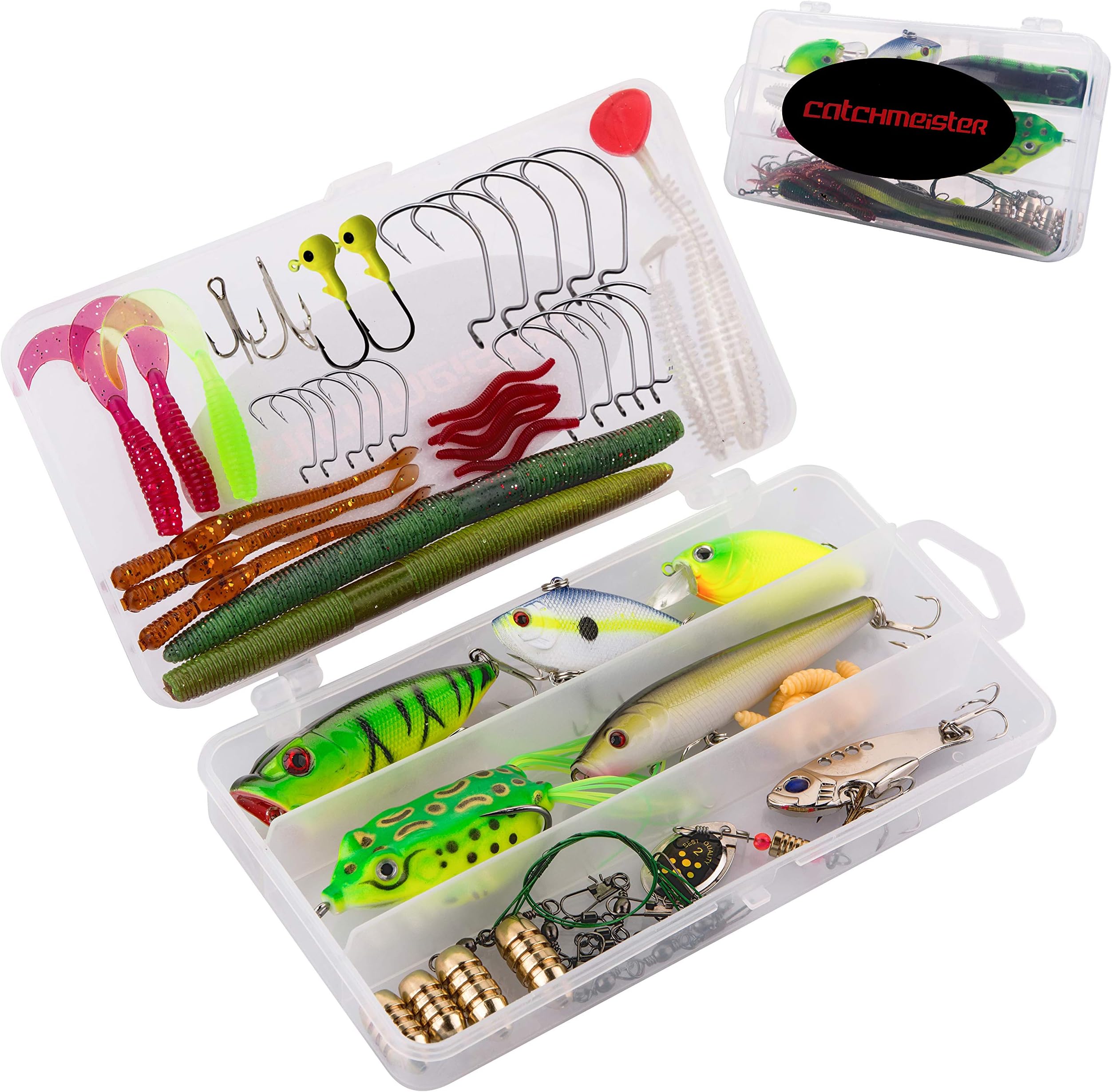 catchmeister Fishing Lure Kit, Fishing Tackle Box with Tackle Included - Bass Fishing Gear and Equipment - Bass Lures Fishing Kits, Fishing Bait Saltwater Fishing Lures for Freshwater (62 Pcs)