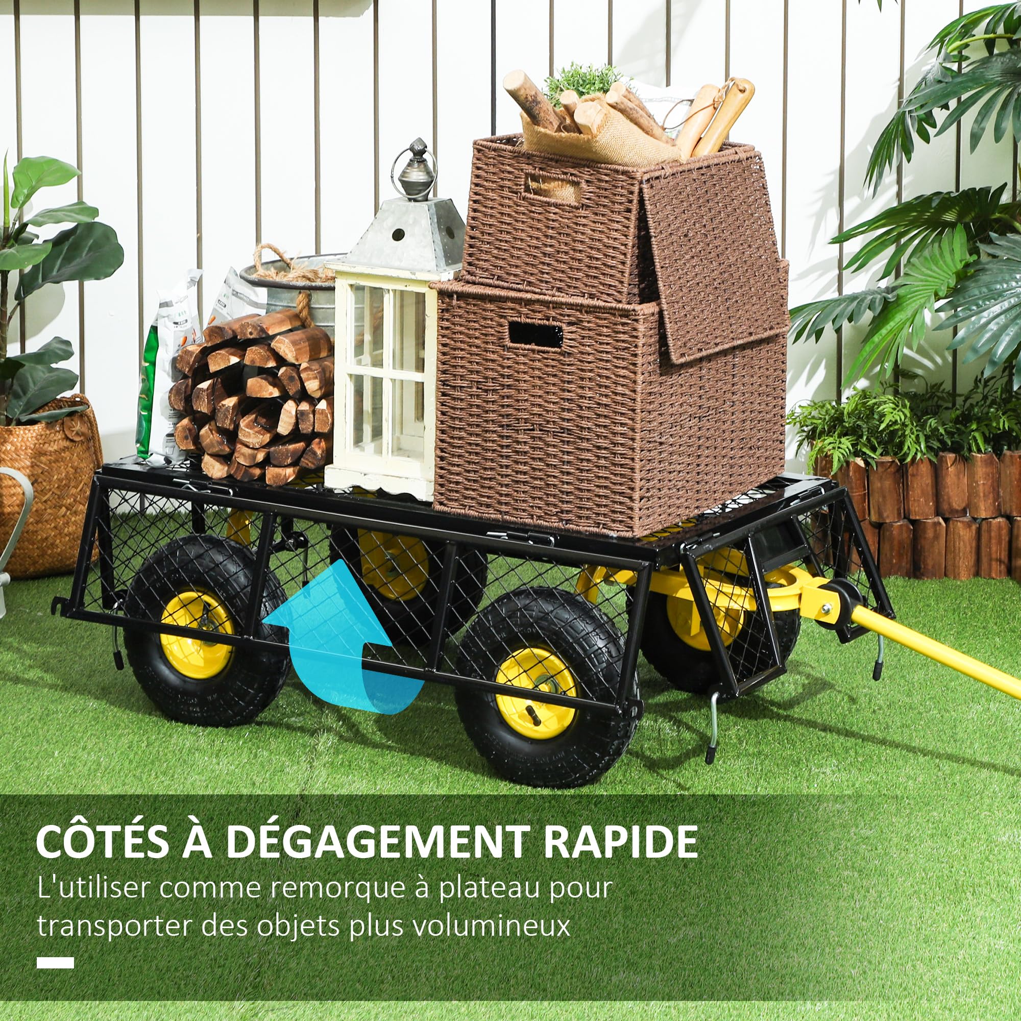 Outsunny Chariot de Jardin en Acier, Chariot de Transport, côtés Amovibles Transformable en Plateau, 4 Roues, 200 kg, charrette, remorque, poignée rotative à 180°, Noir et Jaune