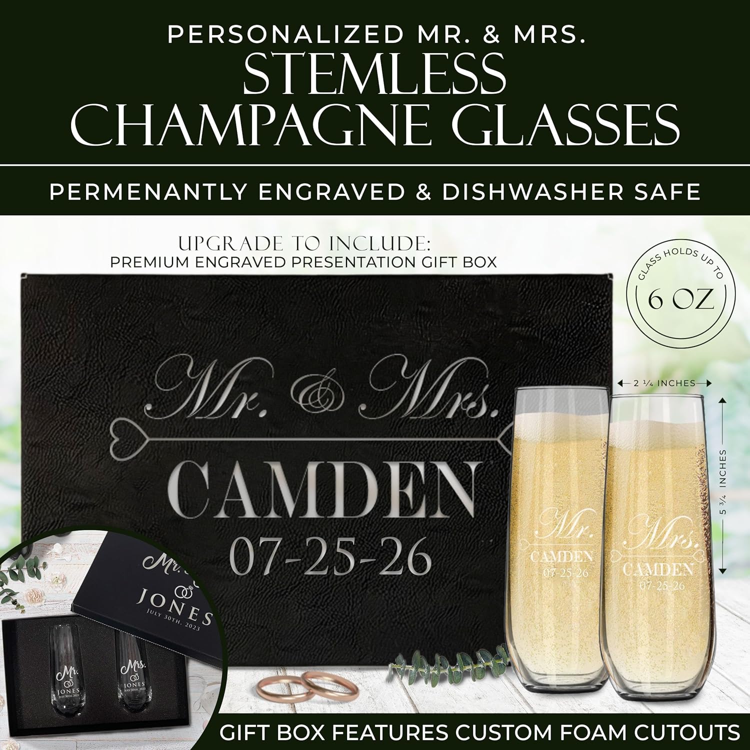 The Wedding Party Store Mr and Mrs Toasting Stemless Champagne Flutes Glasses - Customized Engraved Wedding for Couples - Custom Monogrammed - Set of 2