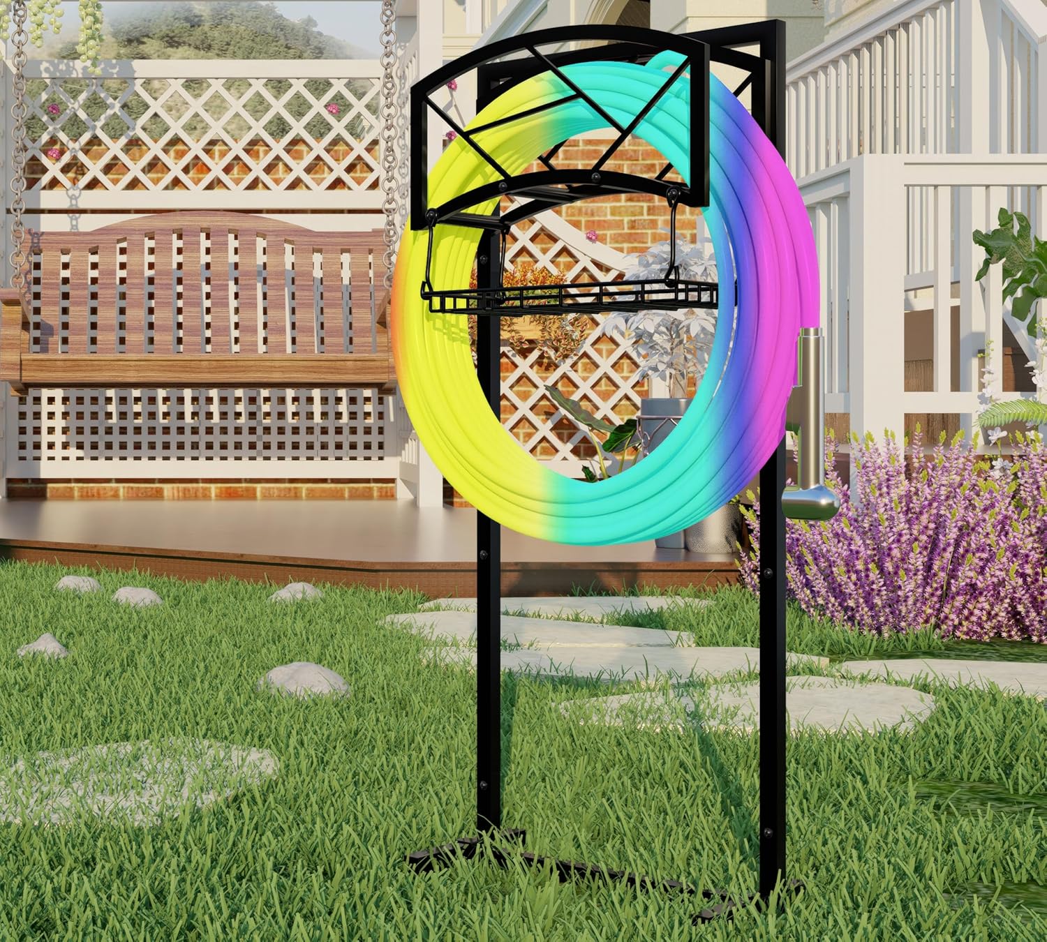 Fire Beauty Heavy-Duty Portable Garden Hose Holder with Storage Basket,80+ lbs Capacity, Modern Geometric Design, Holds 180ft 1/2" Hose,Dual Support Rods & Rustproof Screws