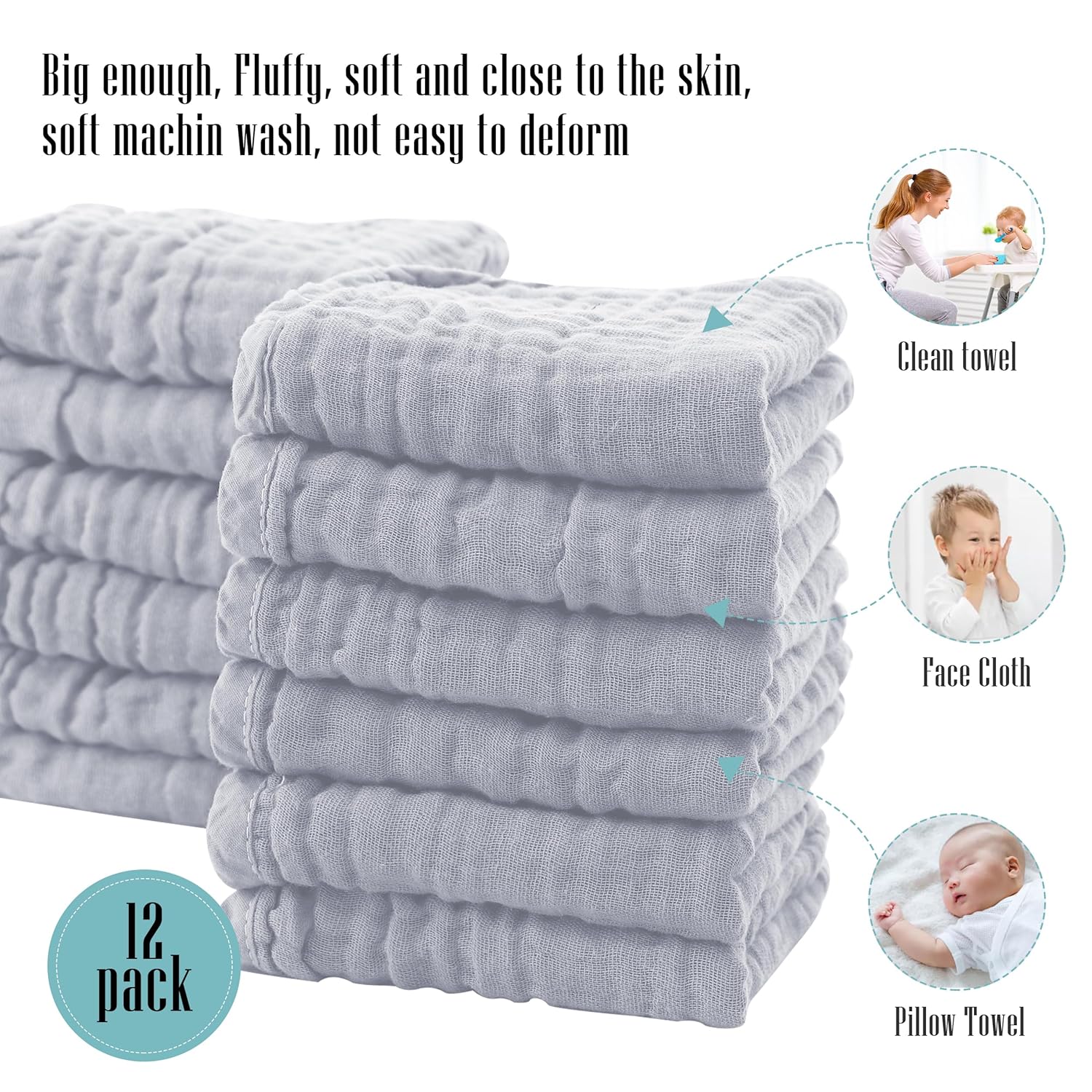 Cute Castle 12 Pack Muslin Burp Cloths for Baby - Ultra-Soft 100% Cotton Baby Washcloths - Large 20'' by 10'' Super Absorbent Milk Spit Up Rags - Burpy Cloths for Unisex, Boy, Girl - Slate - Image 4