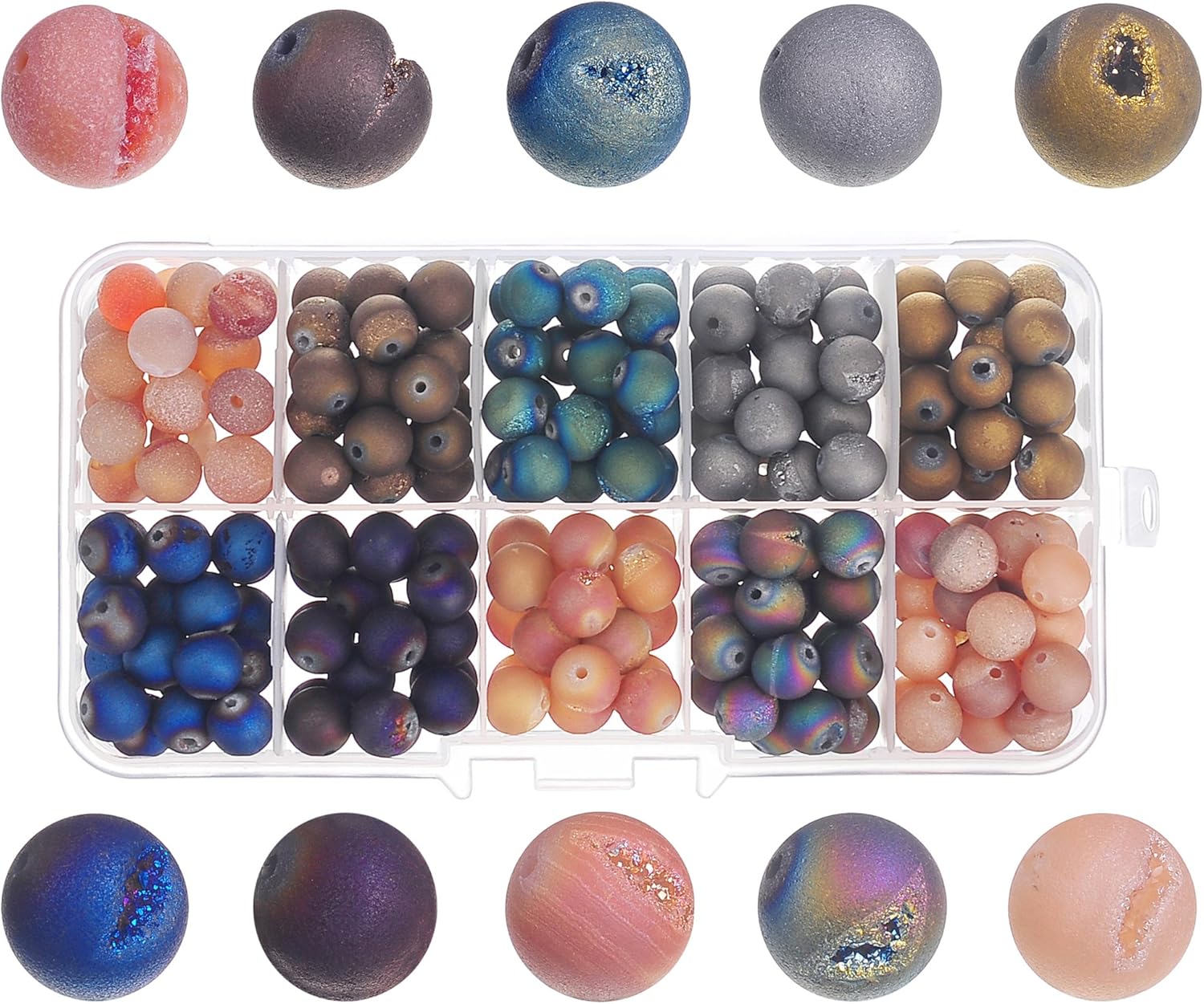 RUBYCA Round Electroplated Druzy Agate Quartz Gemstone Loose Beads Organizer Box (Mixed Colors, 6mm)