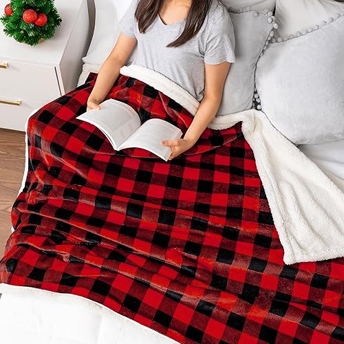Miniatura 3 de PAVILIA Manta Sherpa a cuadros Buffalo negros y rojos para sofá individual, manta de franela suave y esponjosa para cama, manta de forro polar a