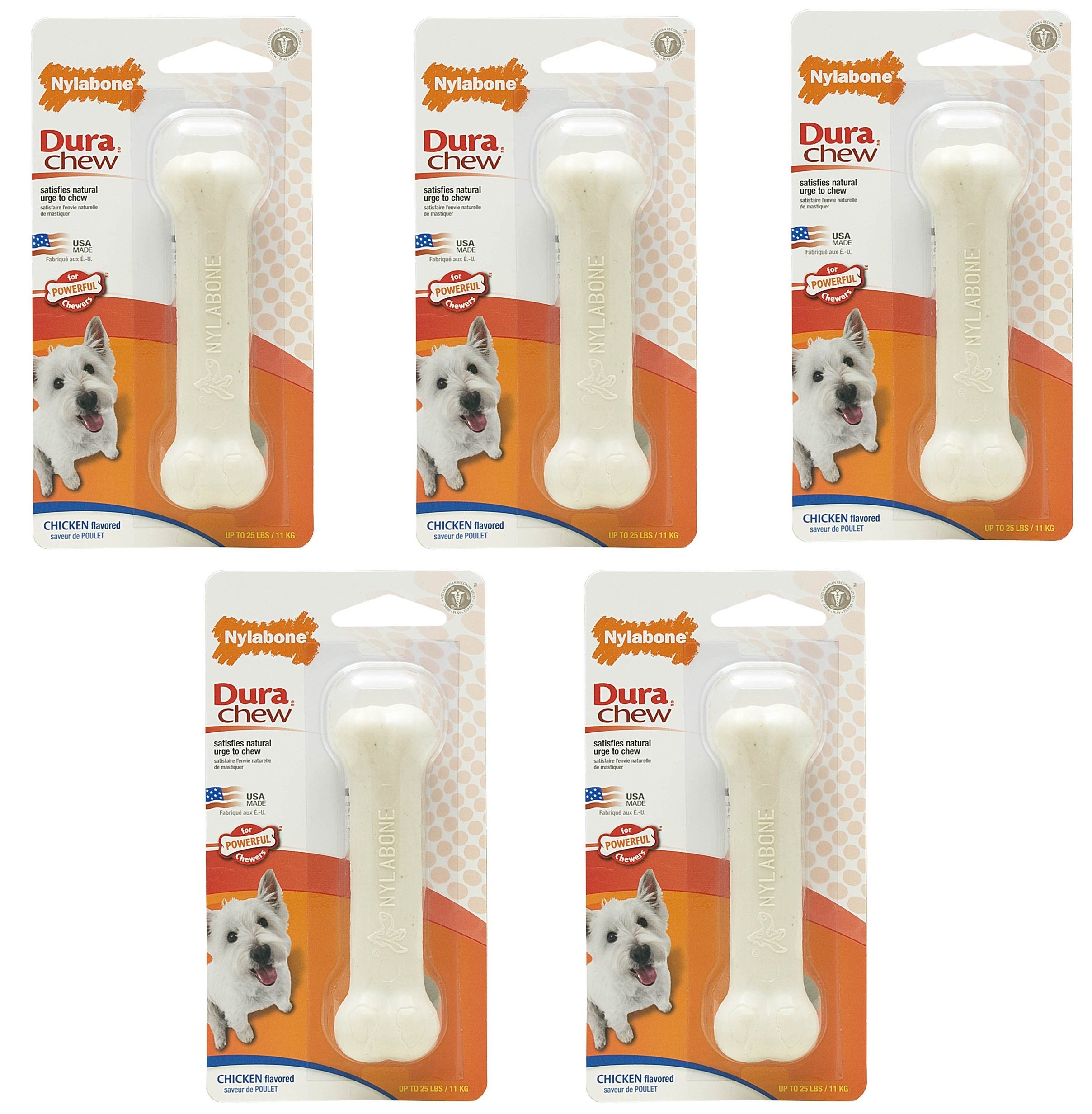 Nylabone Dura Kauspielzeug für Hunde, Hühner-Geschmack, Knochen, 5 Stück