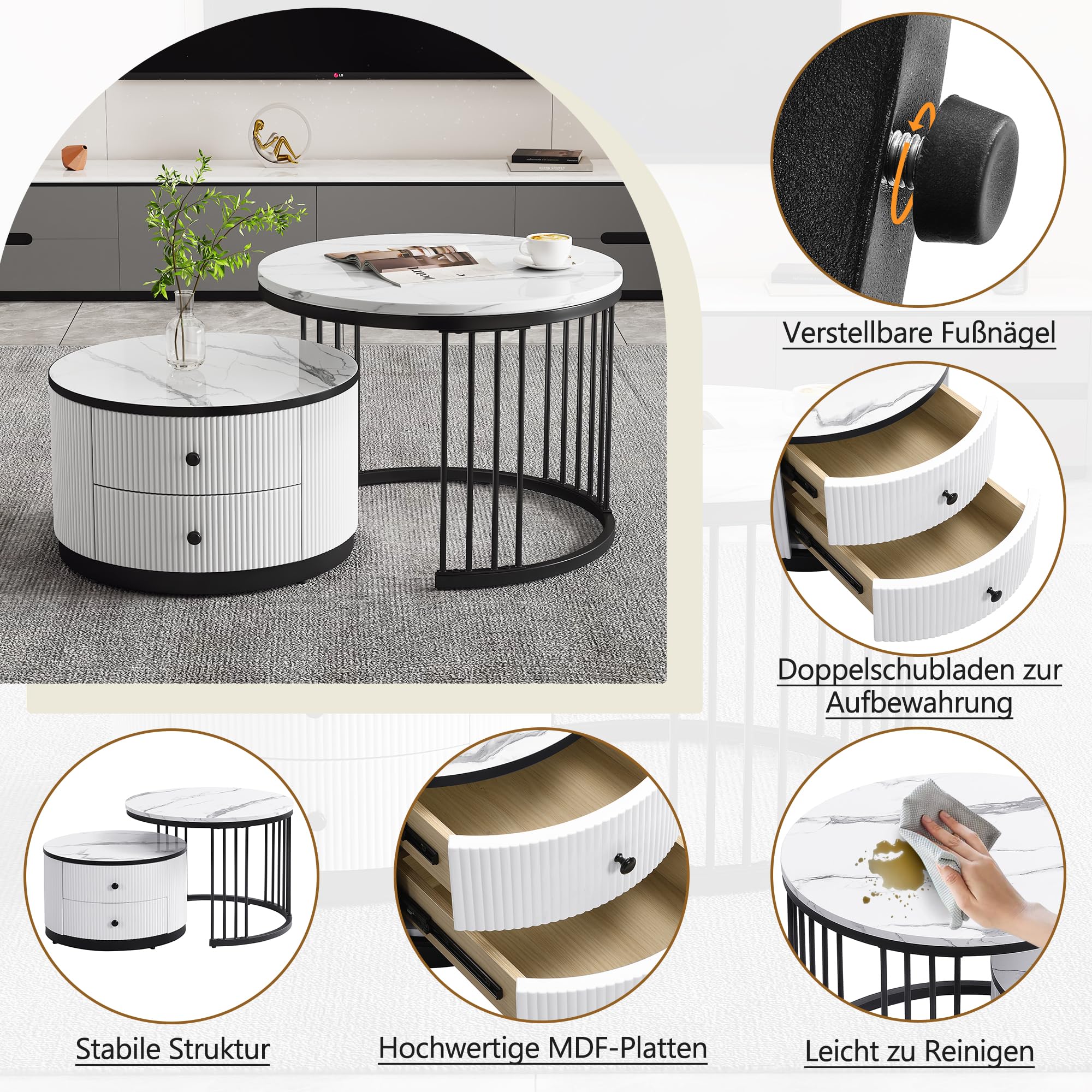 Merax Rund Couchtisch Set, 2-in-1 Beistelltisch Satztisch 2er Modern Elegant Wohnzimmertisch mit Stauraum, Nesting-Kombination, mit hochglänzender Marmoroptik/2 Schubladen, für Wohnzimmer Büro(Weiß