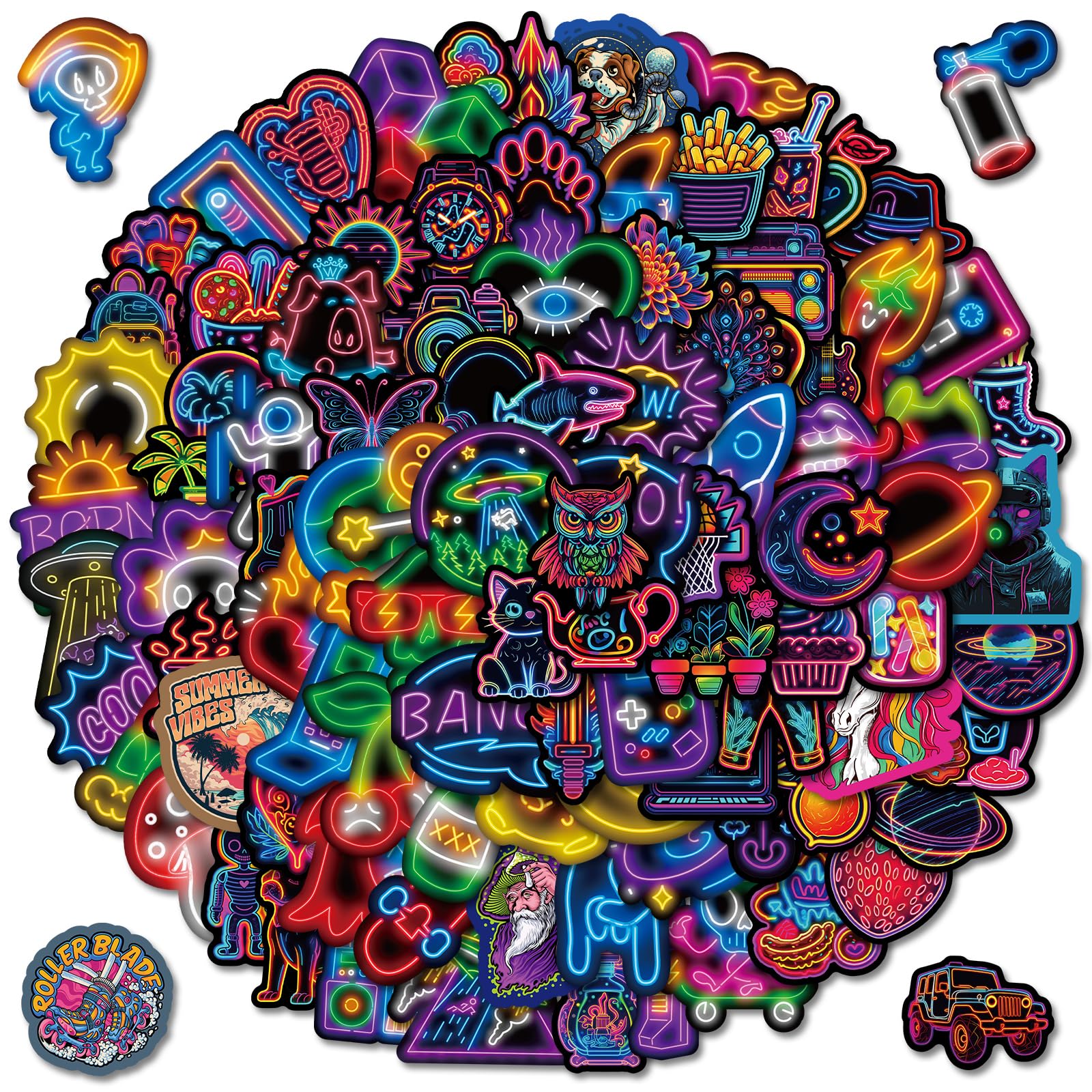100 Pcs Neon Stickers for Kids & Adults, Waterproof Vinyl Laptop Stickers for Scrapbook Journal Water Bottle Luggage, Teacher Reward Prizes for Children Classroom