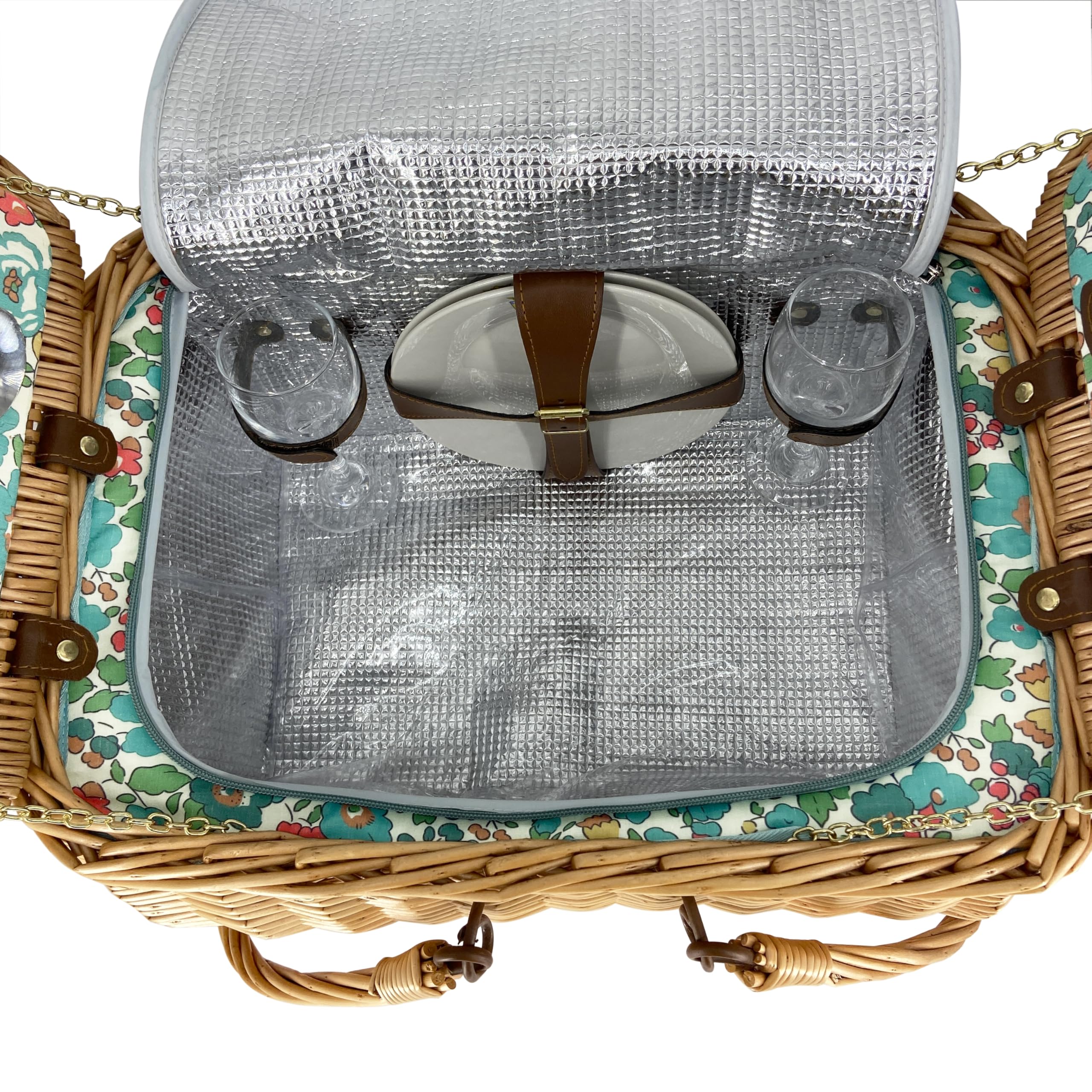 Les Jardins de la Comtesse - Picknickkorb Giverny – 2 Personen – Grün – komplett mit Kühlfach – Geschirr inklusive – Blumenmotiv – 45 x 36 x 23 cm