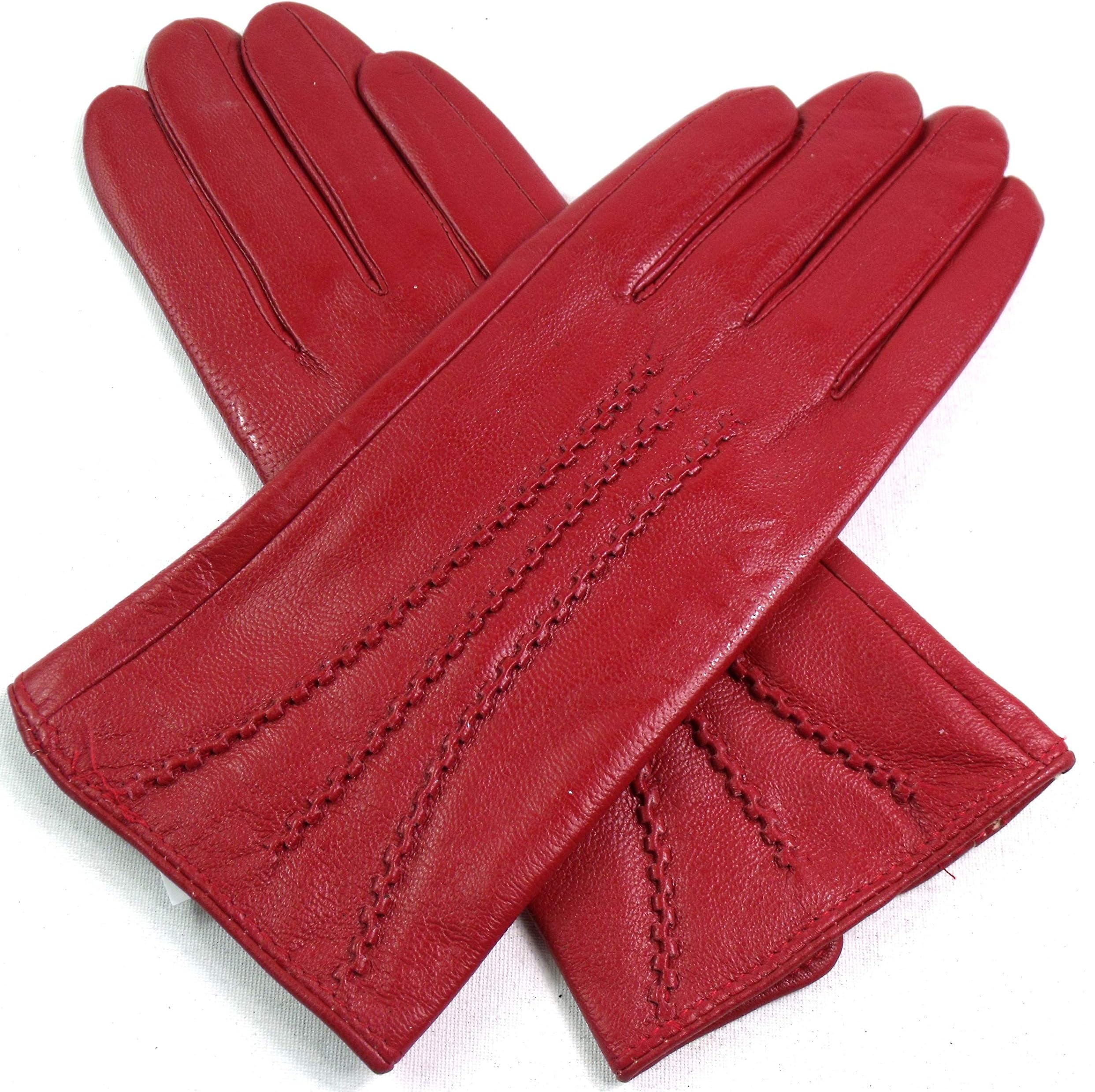 The Leather Emporium Women's Gloves Fur Lined Stripe Detail Slim Fit Medium Red
