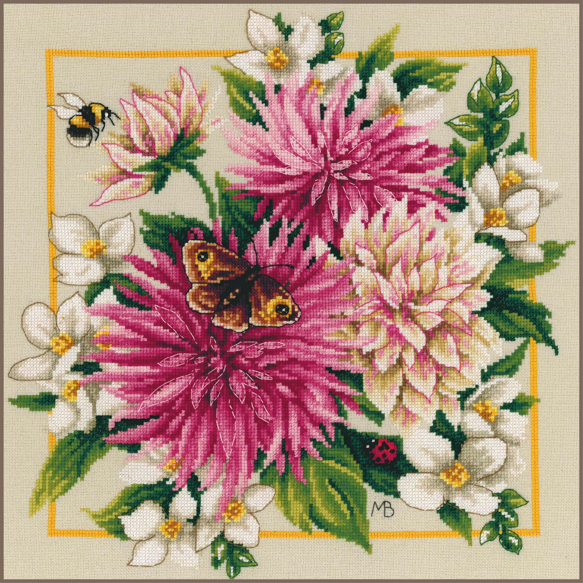 LANARTE Haft Krzyżykowy Liczony Zestaw Obraz do Haftu RÓŻOWA JEDWABNA DALIA Zrób to Sam Zestaw Kreatywny dla Dorosłych Rękodzieło Artystyczne 29 x 29 cm Dekoracja Ścienna DIY Cross Stitch Kit