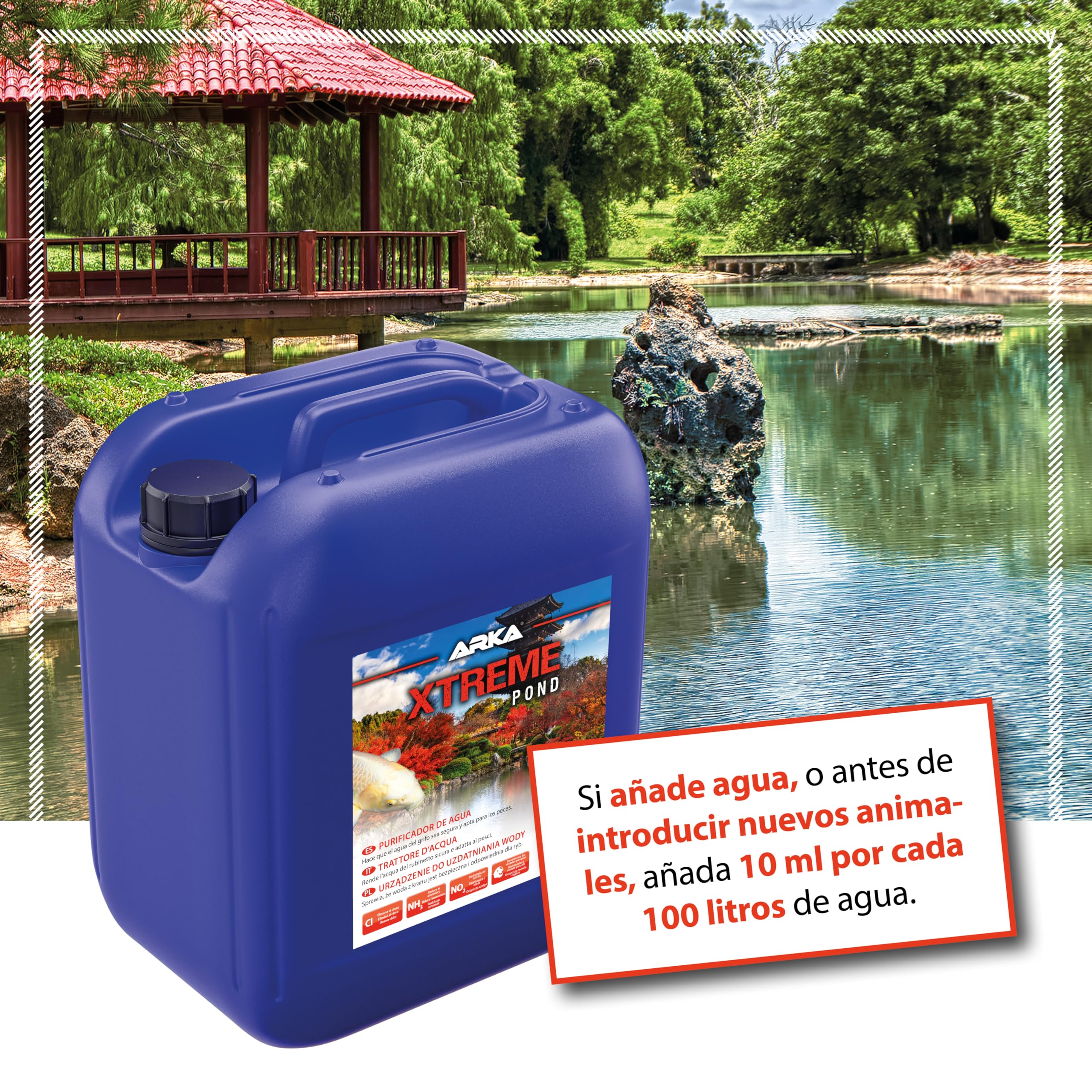 ARKA Pond Xtreme - 5 L - Hace Que el Agua del Estanque de jardín Sea Apta para los Peces, Elimina el Cloro y el amoníaco, Seguro para Todos los habitantes del Estanque.