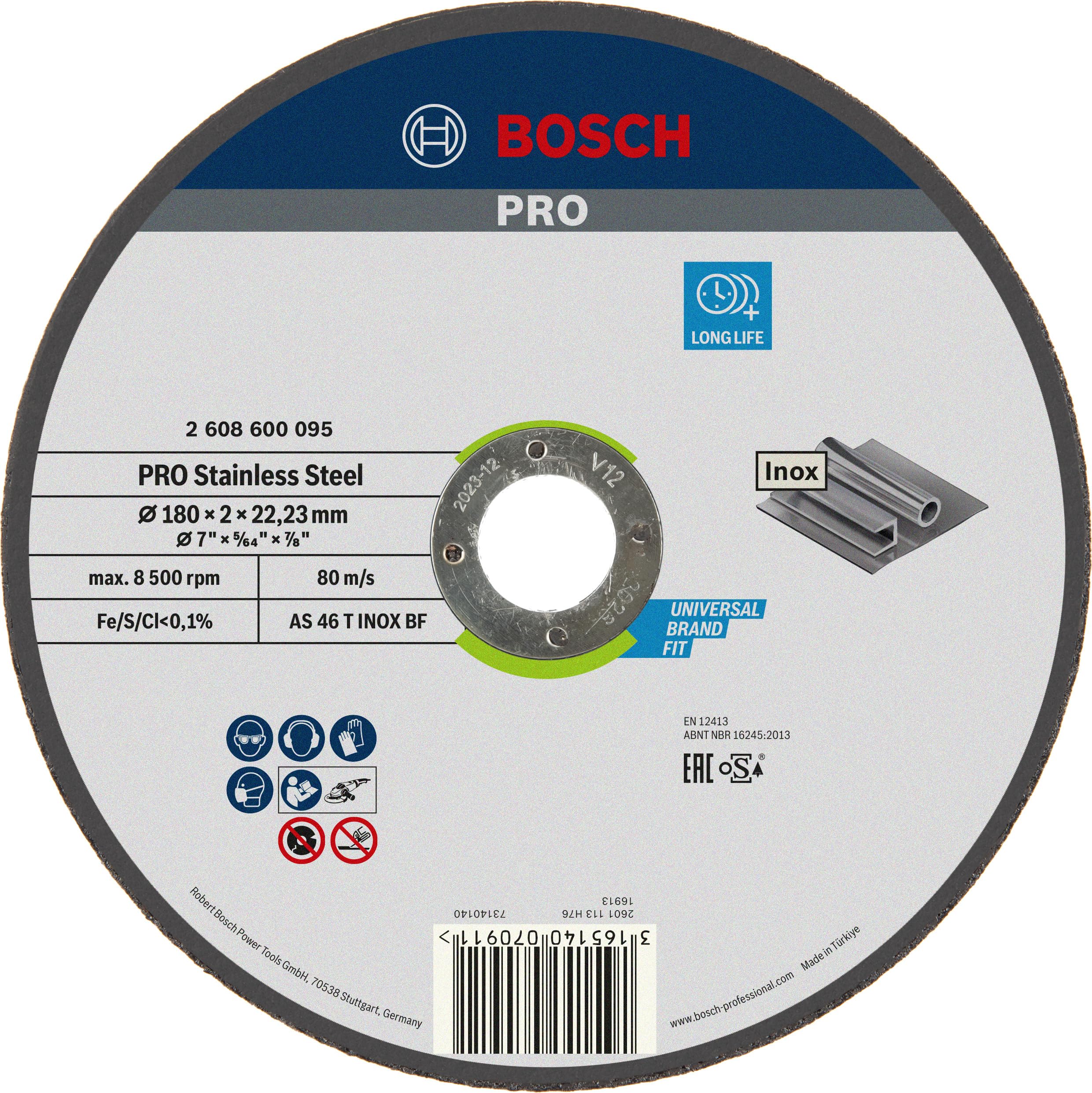 Bosch 1x Mola da taglio PRO Stainless Steel di lunga durata grandi, foro 22,23 mm (per Acciaio inossidabile, Ø 180 mm, Professional Accessorio Smerigliatrice angolare grande)
