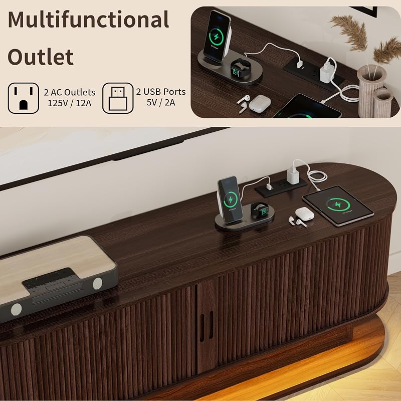 DHH 60" Fluted TV Stand with Power Outlet for TVs up to 65", Mid Century Modern TV Console with LED Lights and Storage,Entertainment Center with Sliding Door for Living Room Bedroom(Walnut) image 5