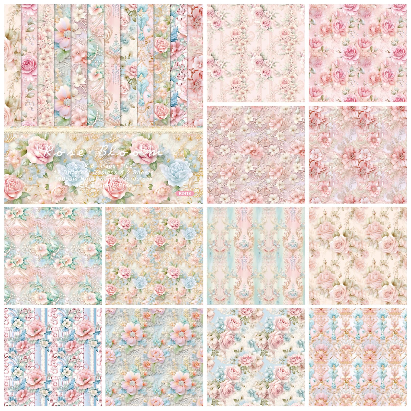 Papier do scrapbookingu, 6"x 6", 24 arkusze papieru, jednostronny papier kartonowy, 12 wzorów, dekoracyjny papier do tworzenia kartek w tle do albumów fotograficznych(Pink 48 Sheets)