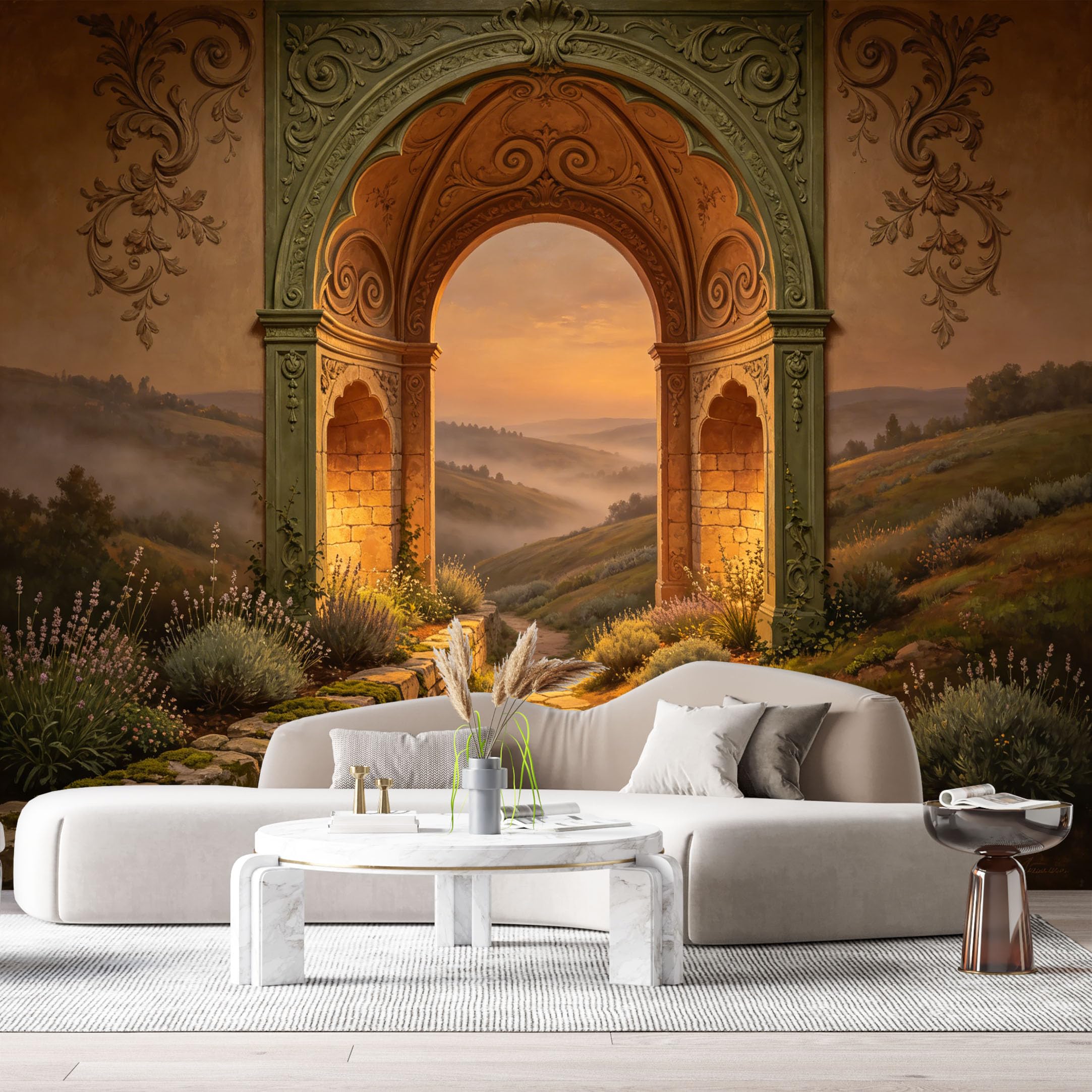 Custom Size Wall Murals Ornate Stone Archway Landscape Oil Painting 3D Trompe L'Oeil SelfAdhesiveWall Fabric Removable Wallpaper Wall Decor for Living Room Bedroom Bathroom