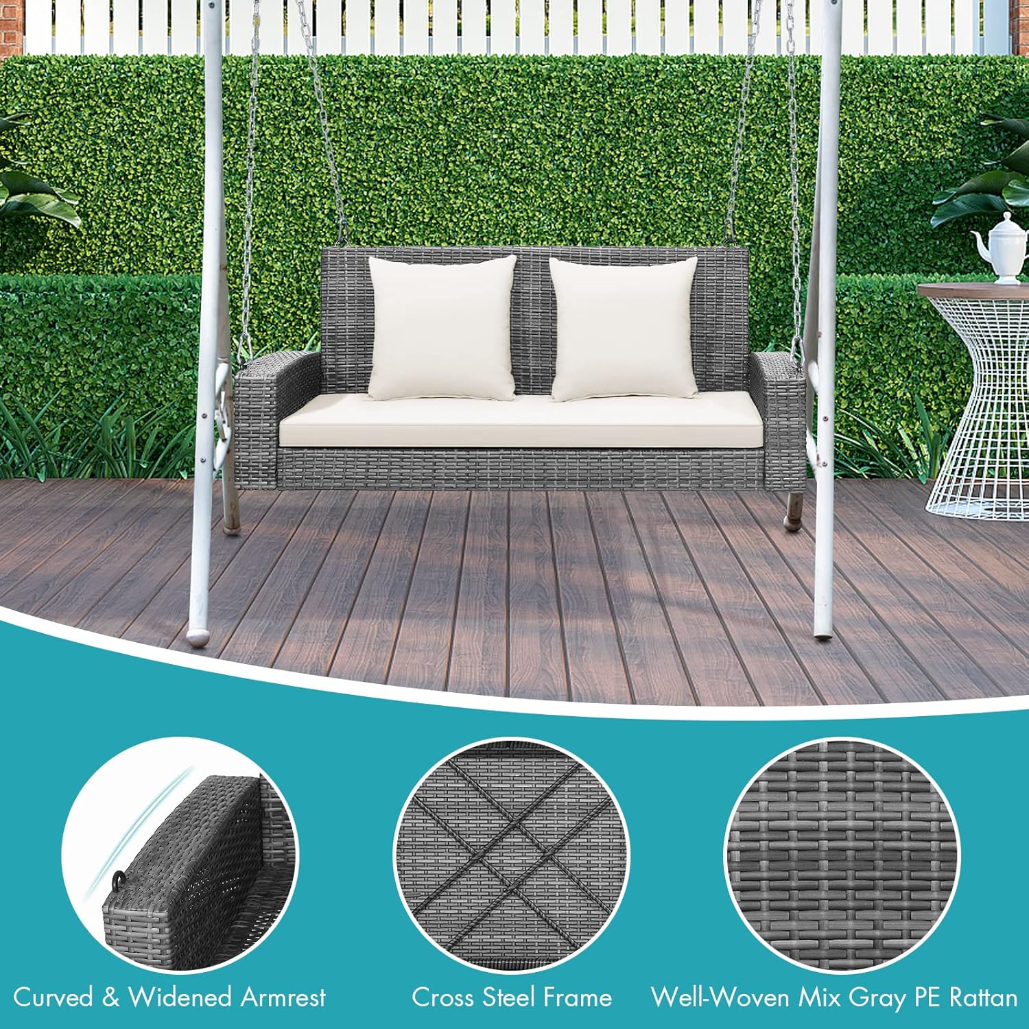 DORTALA Hanging Porch Swing, 2-Person Outdoor Wicker Swing Chair Bench with Cushions, Steel Chains for Garden, Backyard, Deck & Poolside, Mix Grey+Off White